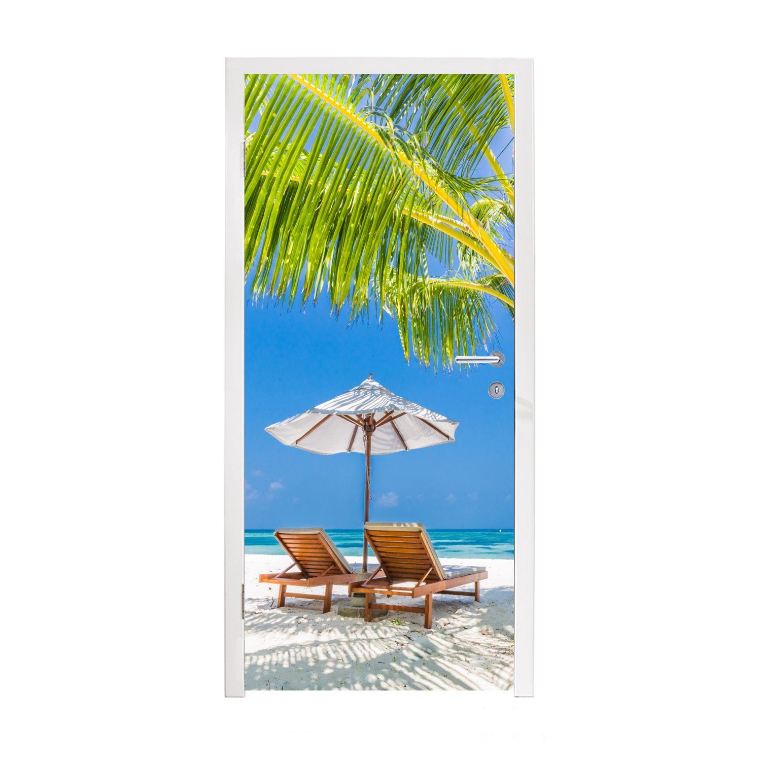 MuchoWow Türtapete Palme - Strandkorb - Sonnenschirm, Matt, bedruckt, (1 St), Fototapete für Tür, Türaufkleber, 75x205 cm