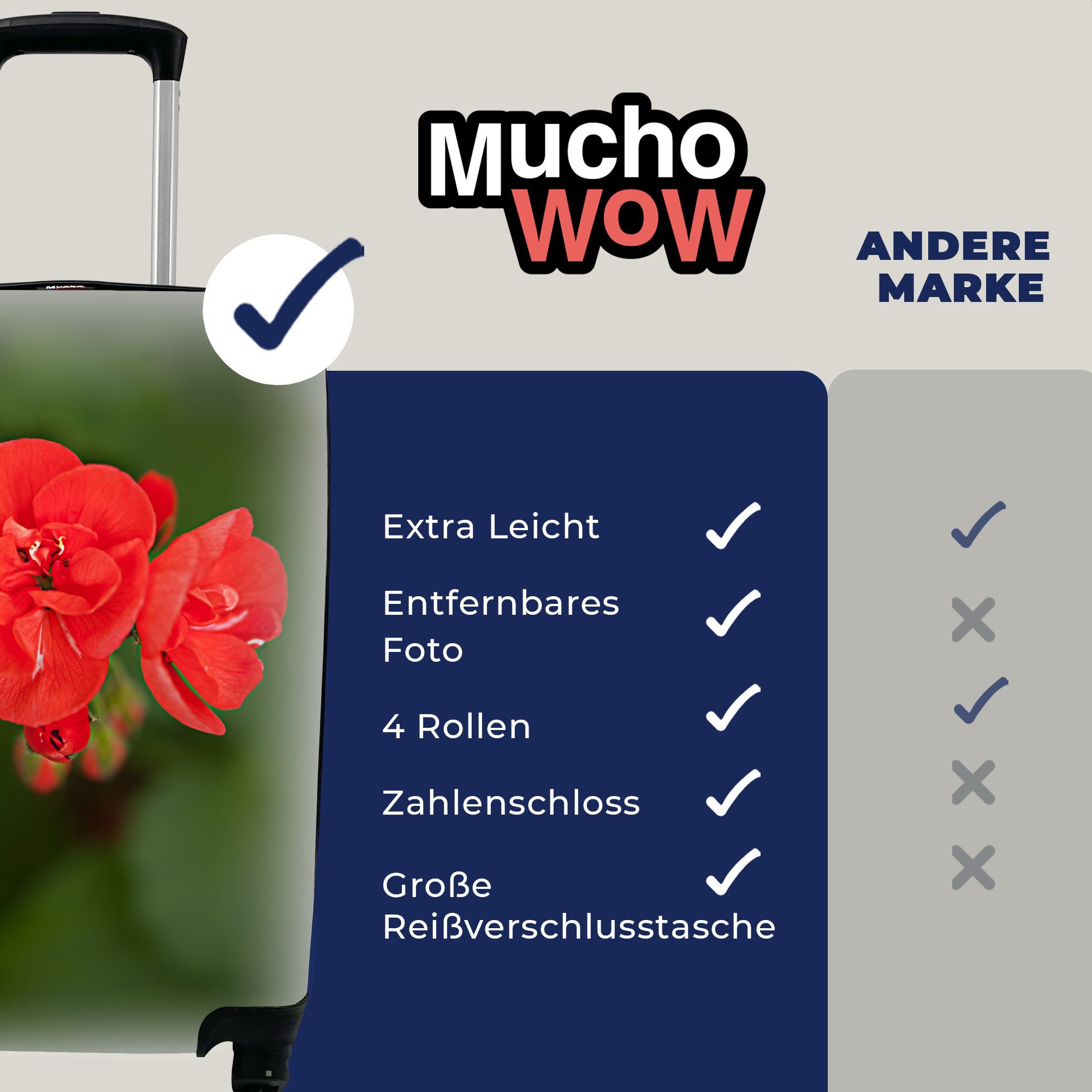 Trolley, Reisetasche Handgepäckkoffer Blühende rote Geranienblüte, mit MuchoWow 4 rollen, Reisekoffer für Rollen, Ferien, Handgepäck