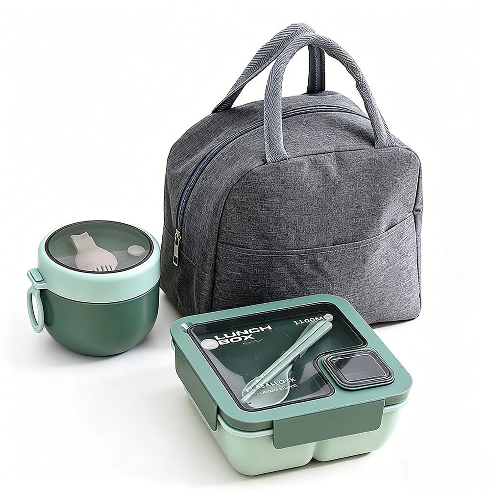 Agger Lunchbox Lunchbox mit Fächern Bento Box Auslaufsicher,mit Tasche und Besteck, (3-tlg., 3er-set), 1100 ml Bento-Lunchbox mit Tasche und Besteck, Mahlzeitenbox