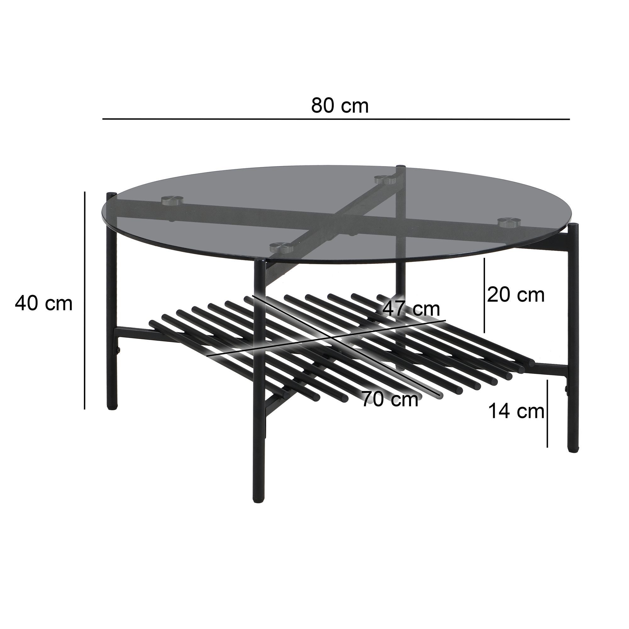 FINEBUY Couchtisch FB111842 Wohnzimmertisch Glas Metall 80 cm Schwarz Rund Sofatisch (Sofatisch Glas Rund 80 cm Schwarz Industrial), Wohnzimmertisch mit Ablage, Metallgestell Modern
