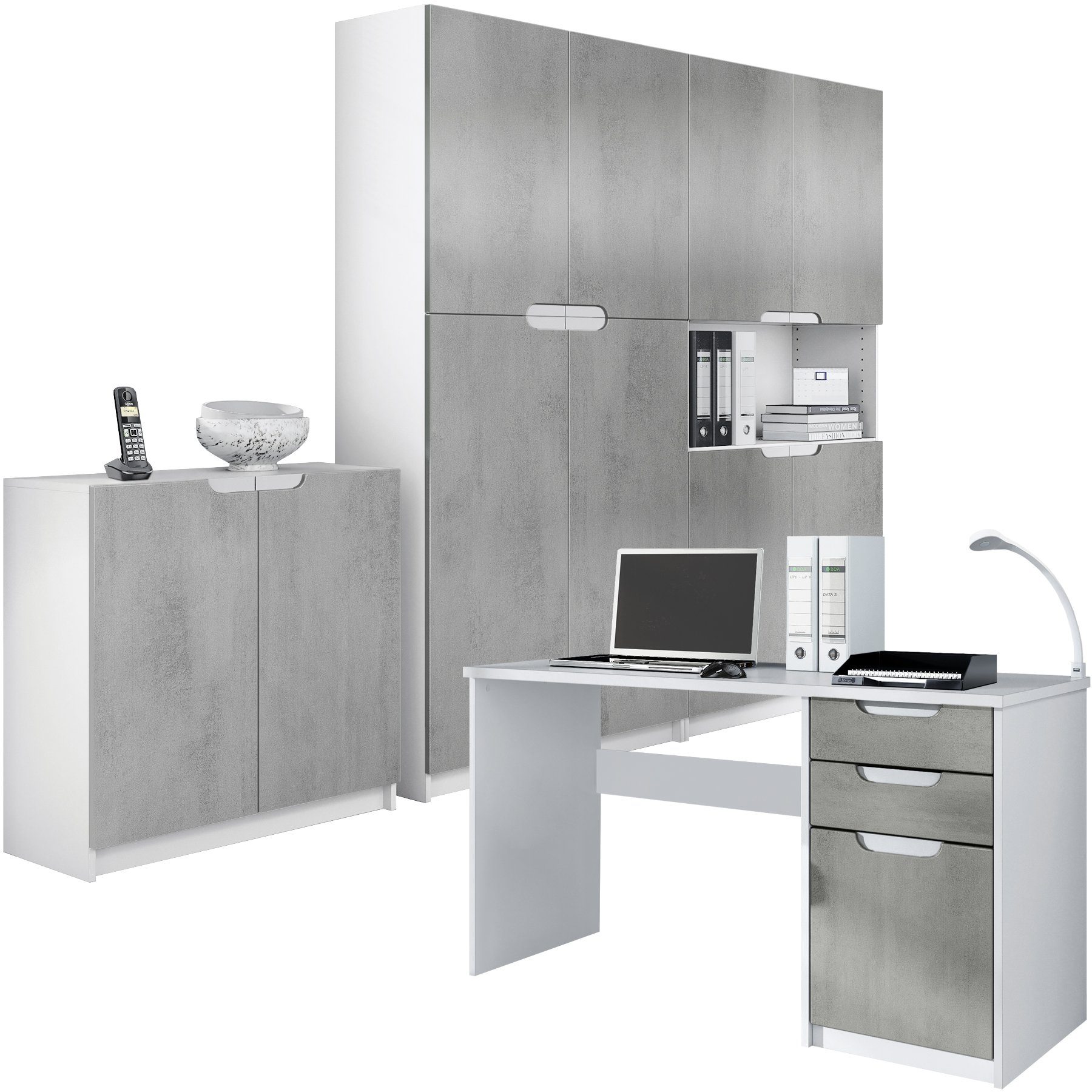 Vladon Aktenschrank Logan (Büromöbel-Set, 4-St., mit 1 Schreibtisch, 2 Schränken und 1 Kommode) Weiß matt/Beton Oxid Optik (246 x 60 x 185 cm) Fronten in Beton Oxid Optik