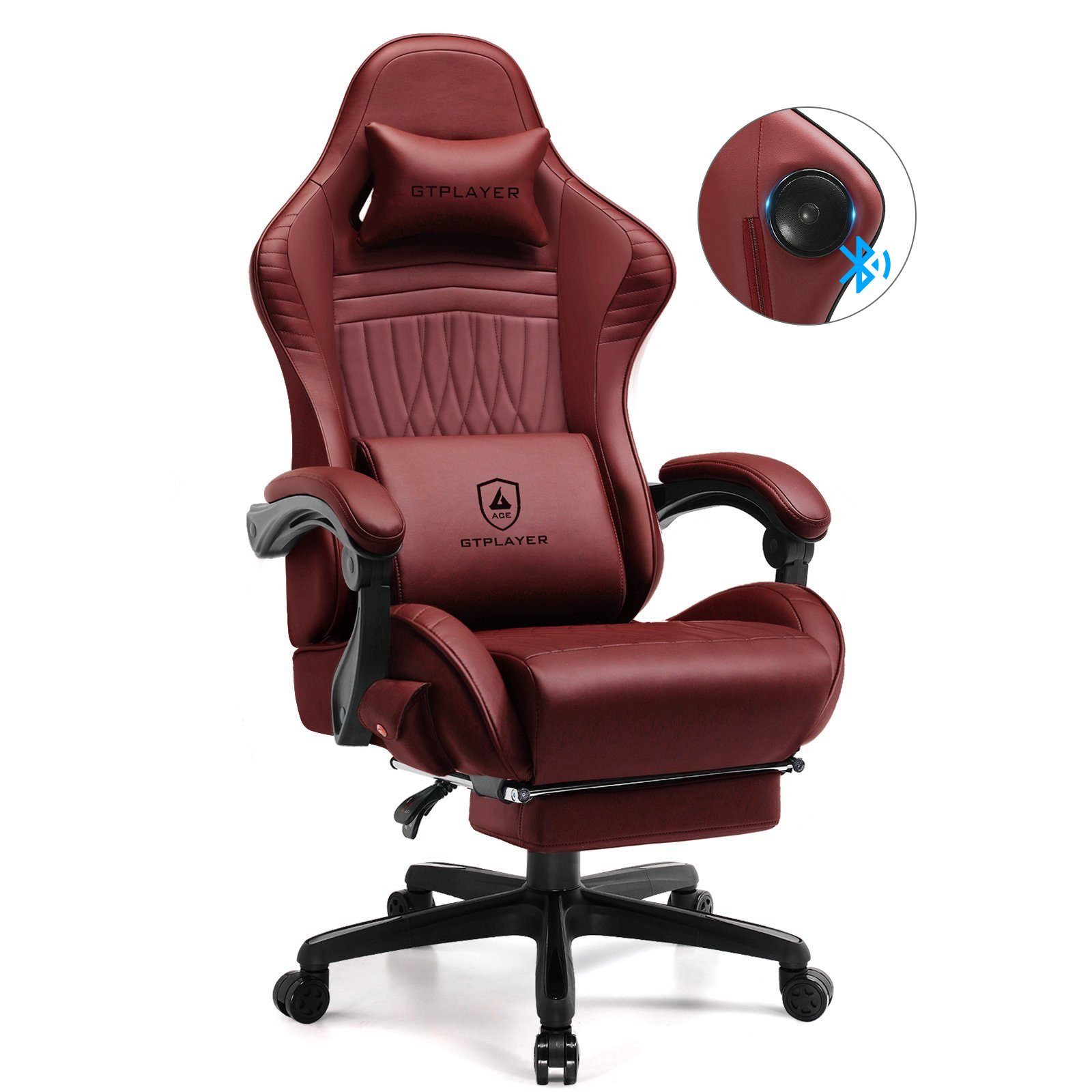 GTPLAYER Gaming-Stuhl ergonomischer Bürostuhl mit beeindrukende Rotwein HIFI Klang-atmosphäre Verbindungsarmlehen Stereo Lautsprecher