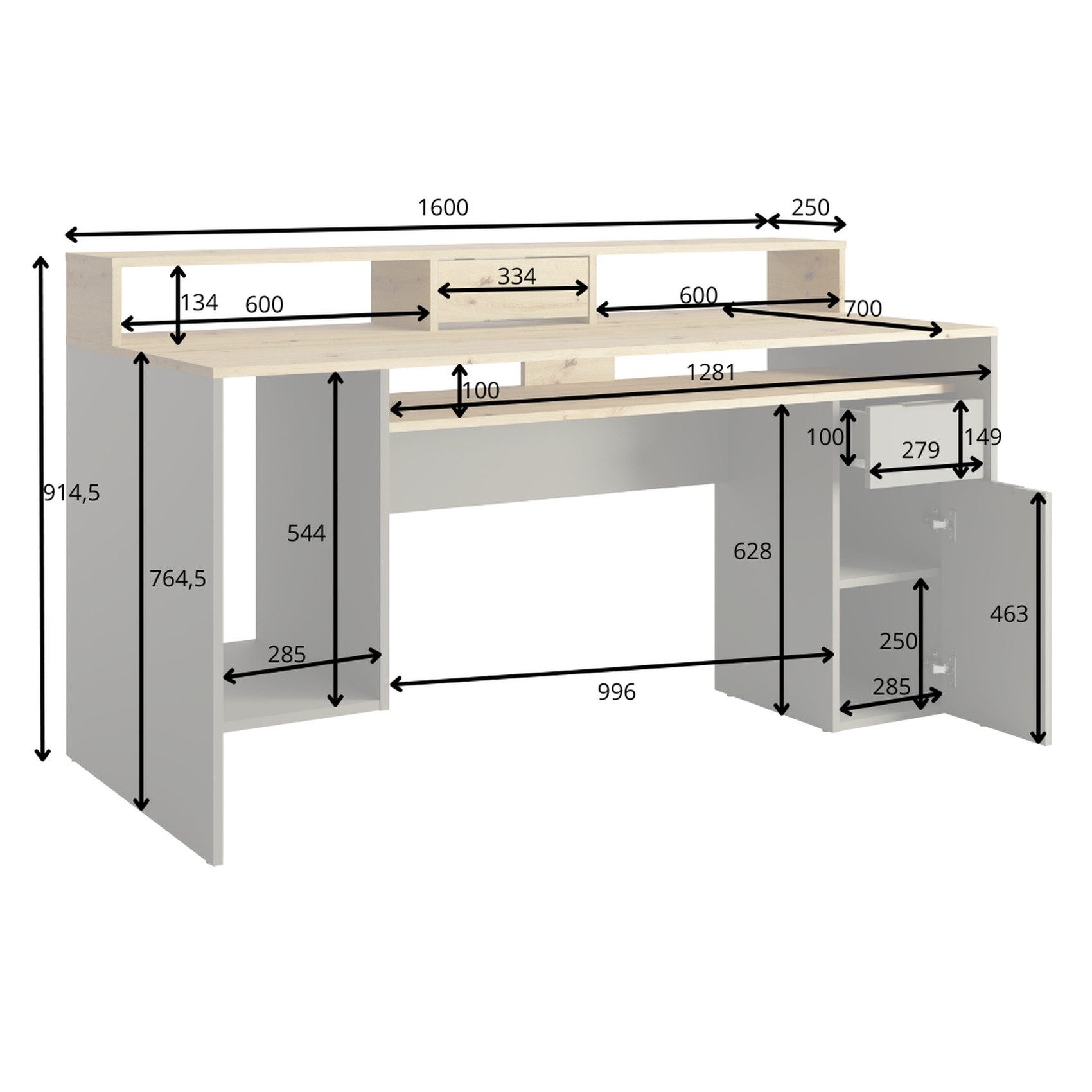 Raumhirsch Furniture Schreibtisch Arbeitstisch, Computertisch, funktional Bürotisch (Maße: 160 x 70 x 91,5 cm (Schublade, Schrankfach, Klappe), offene Fächer, viel Stauraum, modernes Design