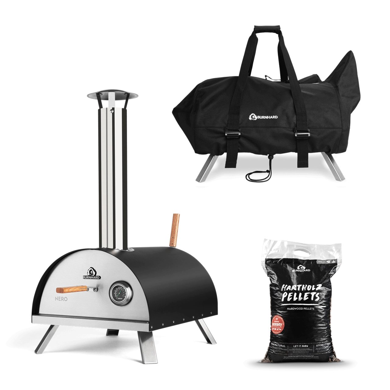 BURNHARD Pizzaofen Outdoor NERO, 500°C inkl. Abdeckhaube & 10 kg Holzpellets