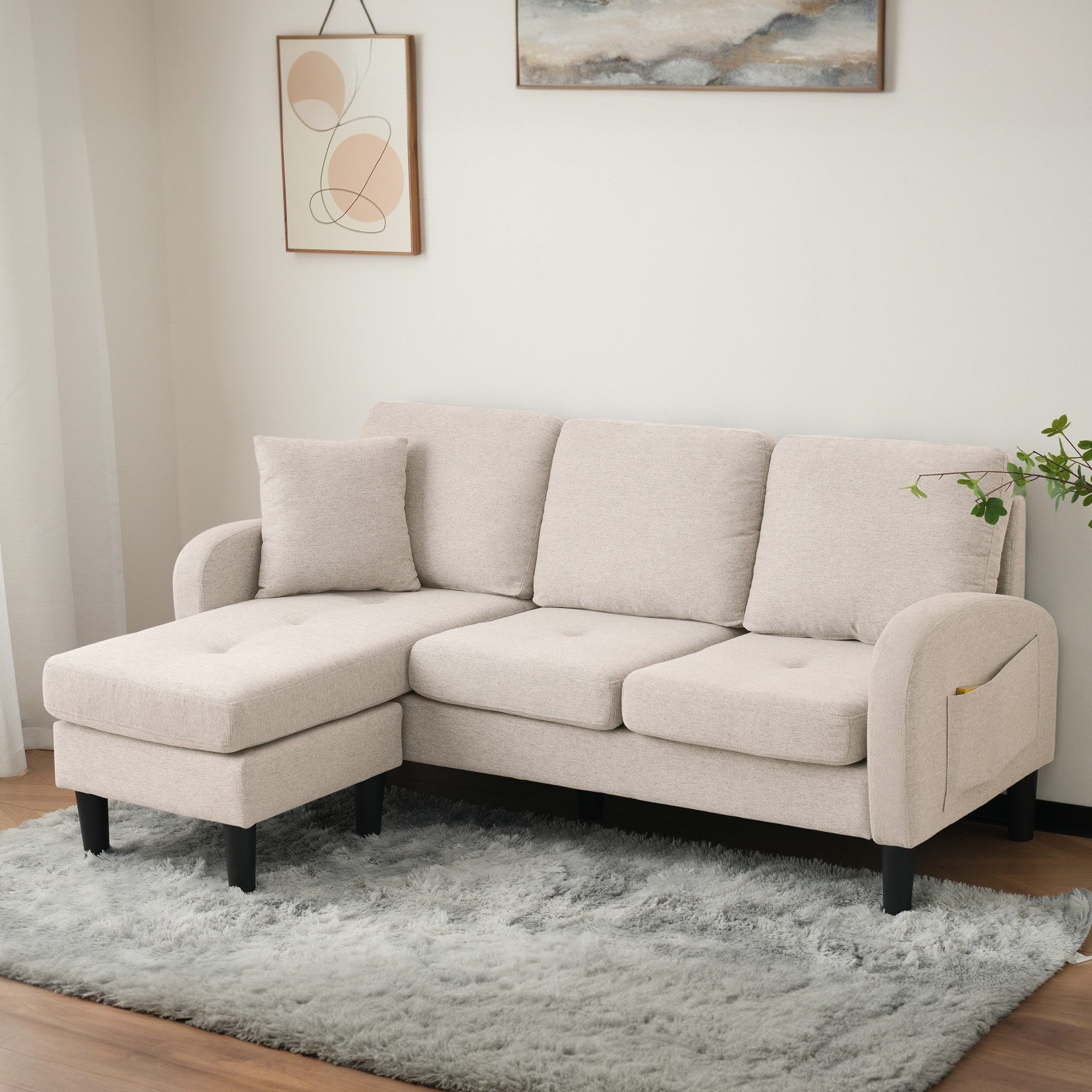 Ulife Ecksofa L-förmiges Ecksofa mit Chaiselongue, 3-Sitzer, 185 x 118 x 82 cm, Baumwoll-Leinenstoff, modulares Design für Wohnzimmer & Büro