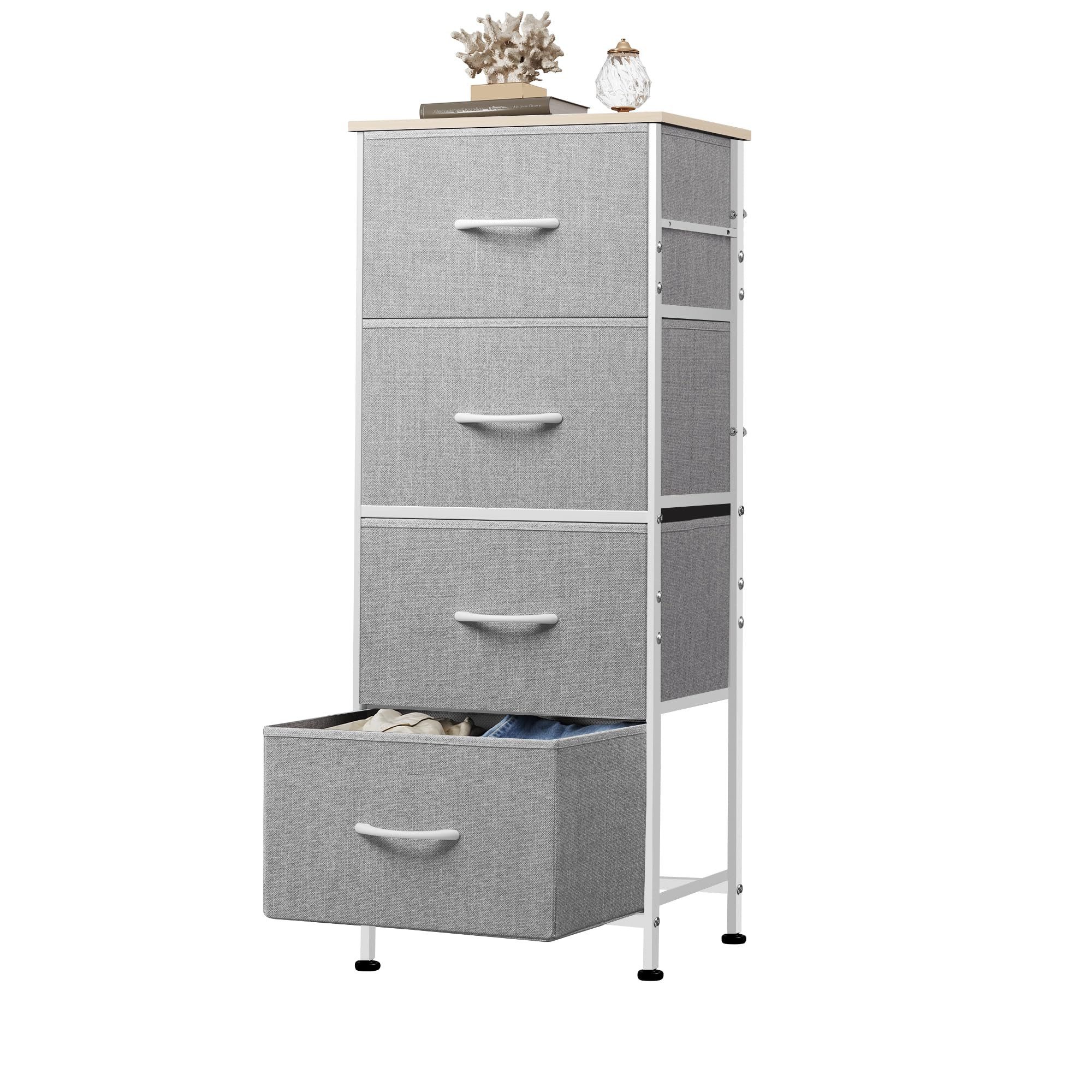 WLIVE Kommode Kommodenschrank, Sideboard mit 4 Schubladen, 40×30×98 cm, Metallrahmen, verstellbare Füße für Schlafzimmer/Flur