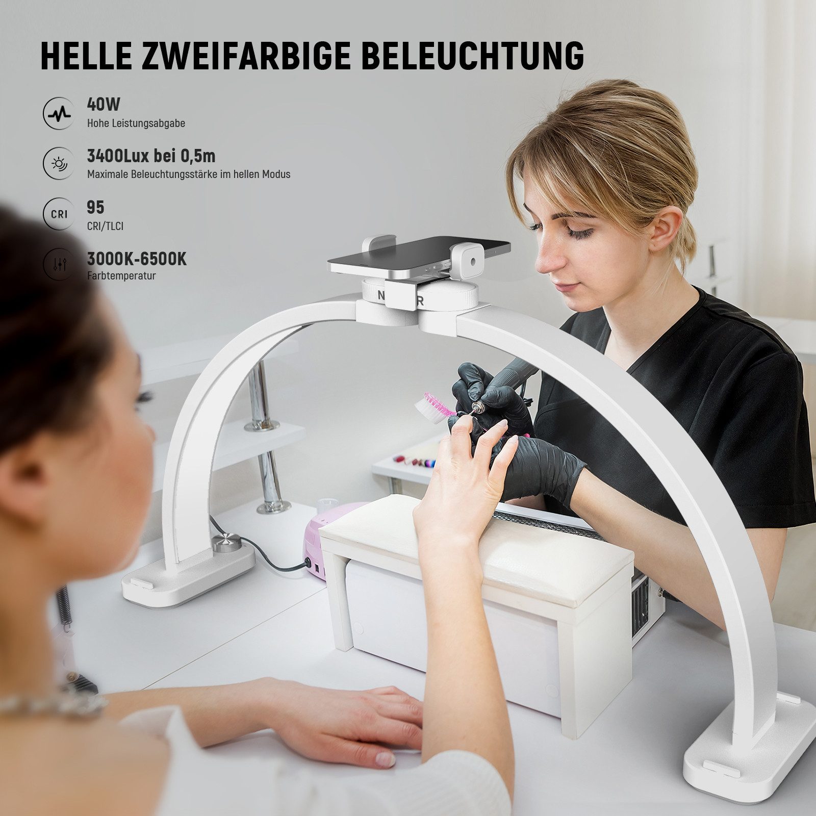 Neewer LED Schreibtischlampe HM01-D 29" Halbmond Nagellampe für Tisch, 40W, Bogenlampe, LED fest integriert, 3000K-6500K Nageltechnikleuchte, mit Telefonhalter, – Bild 2 von 5