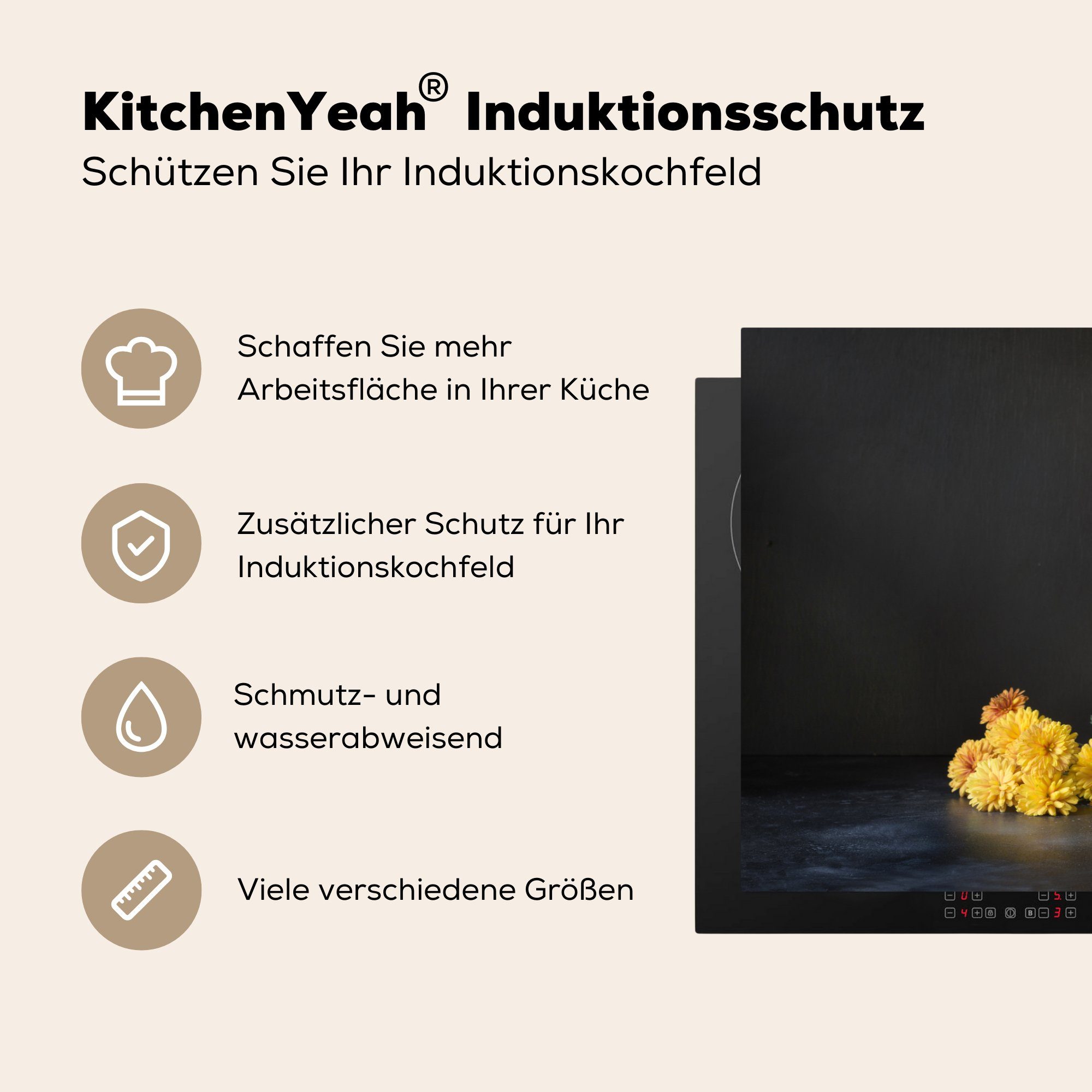 MuchoWow Vinyl, - Stilleben cm, 81x52 Chrysanthemen - Induktionskochfeld Schutz Gelb, Herdblende-/Abdeckplatte küche, die Ceranfeldabdeckung (1 für tlg),