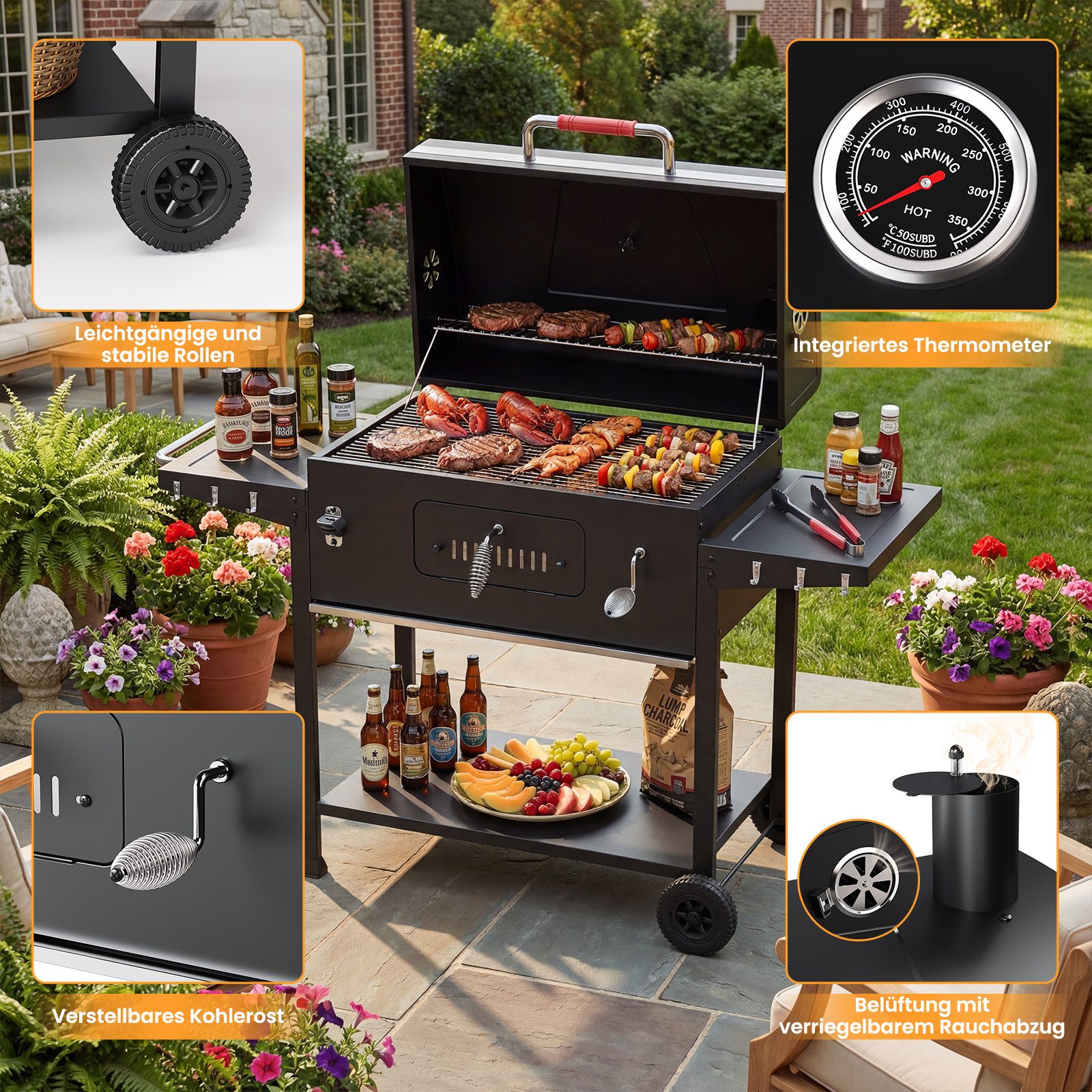 GUNJI Holzkohlegrill XXL Grill Holzkohle Smoker mit Thermometer, klappbare Ablagen & Rädern, Gartengrill mobiler Grill Outdoor Grill, Doppel-Seitenablagen, Grillfläche:71 x 43 cm für 8-12 Personen