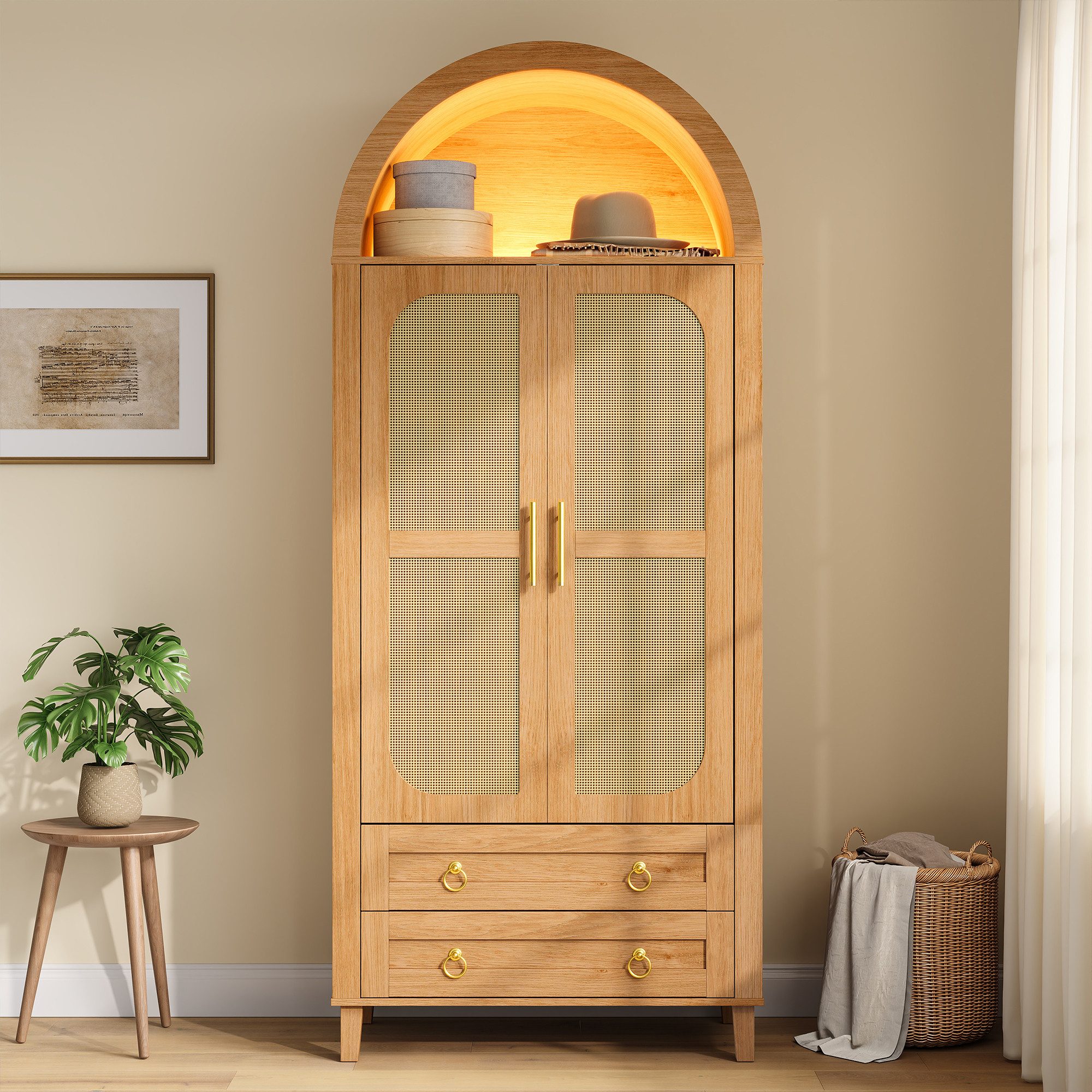 Merax Kleiderschrank mit LED-Beleuchtung, Bogen-Hochschrank mit Rattan-Dekor (76 L x 50 B x 184 H cm, 1-St., Vintage Aufbewahrungsschrank) Kleiderschrank mit Kleiderstange, 2 Türen, 2 Schubladen & Stauraum