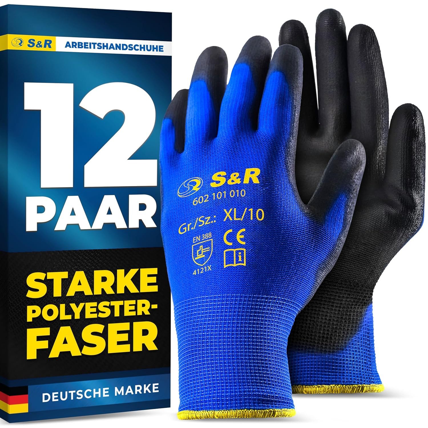 S&R Arbeitshandschuhe aus Polyesterfaser mit Polyurethanbeschichtung, flexible, Gr. XL / 10 (Set, 24-St., 12 Paar XL / 10) geprüfte Arbeitshandschuhe, für den privaten und gewerblichen Gebrauch