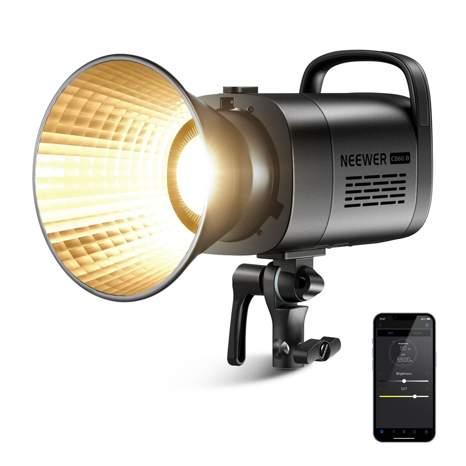 Neewer Videoleuchte CB60B 70W LED Videoleuchte, 2,4G/APP, zweifarbig 2700K-6500K, 34000 Lux/1m, CRI97+/12 Szenen/Bowens COB Dauerlicht für Studio