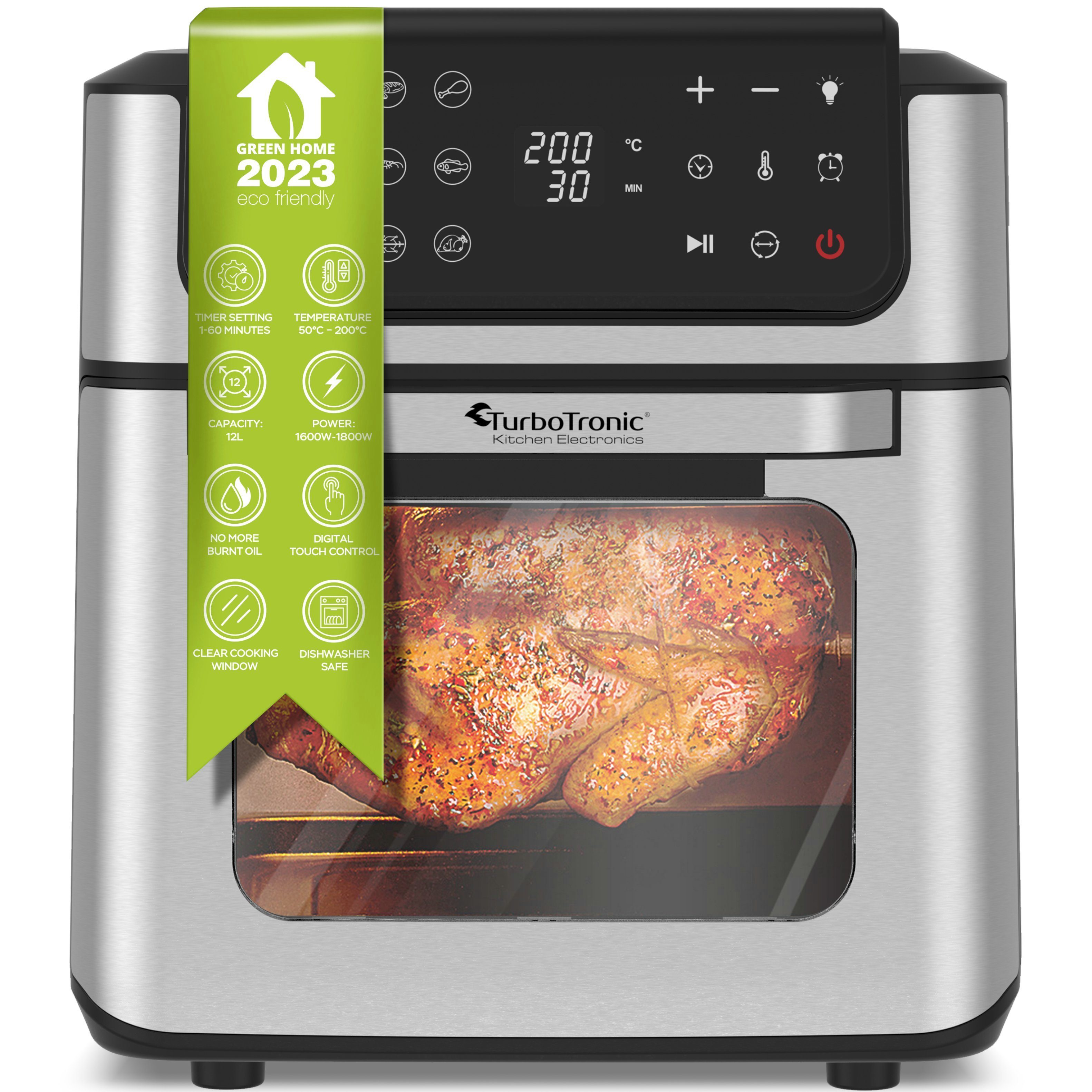 TurboTronic by Z-Line Heißluftfritteuse TT-AFO12W, 1800 W, mit Pommes Korb & Drehspieß für Hähnchen