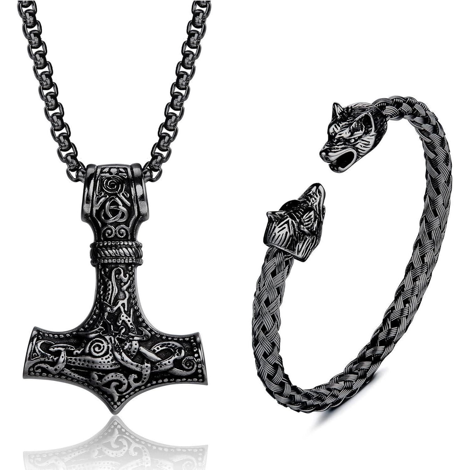 LuxusKollektion Ketten und Armband Set Thors Hammer Halskette Wolfskopf Arm günstig online kaufen