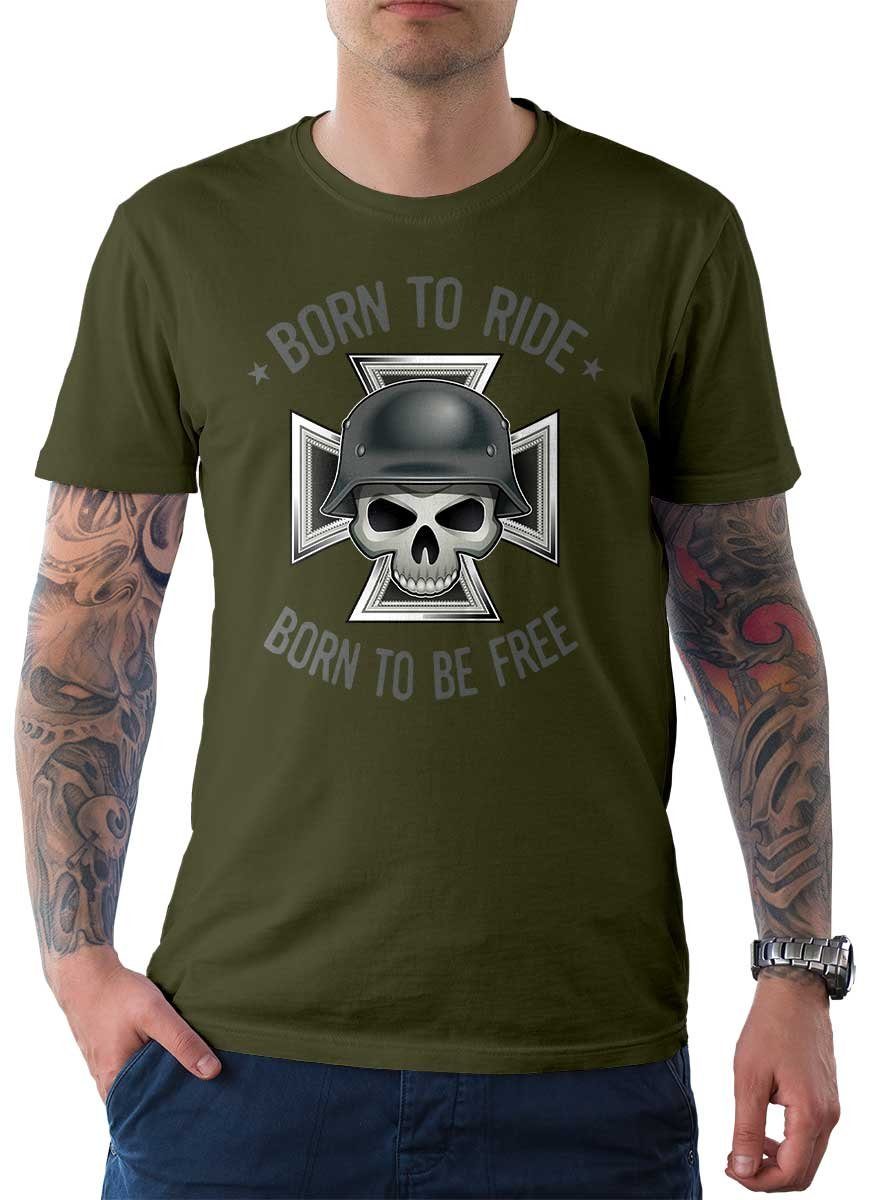 On mit Oliv Wheels Herren T-Shirt Biker T-Shirt Tee German Motorrad Born Rebel To Ride Skull / Motiv