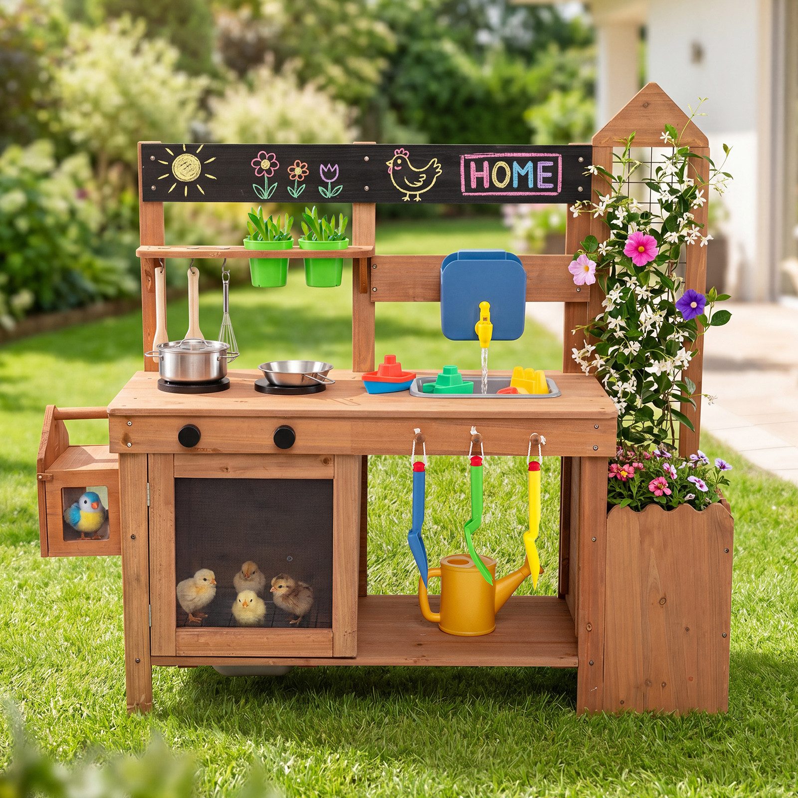 COSTWAY Outdoor-Spielküche Holz, Mit abnehmbarem Vogelkäfig, Pflanzkasten, Spalier