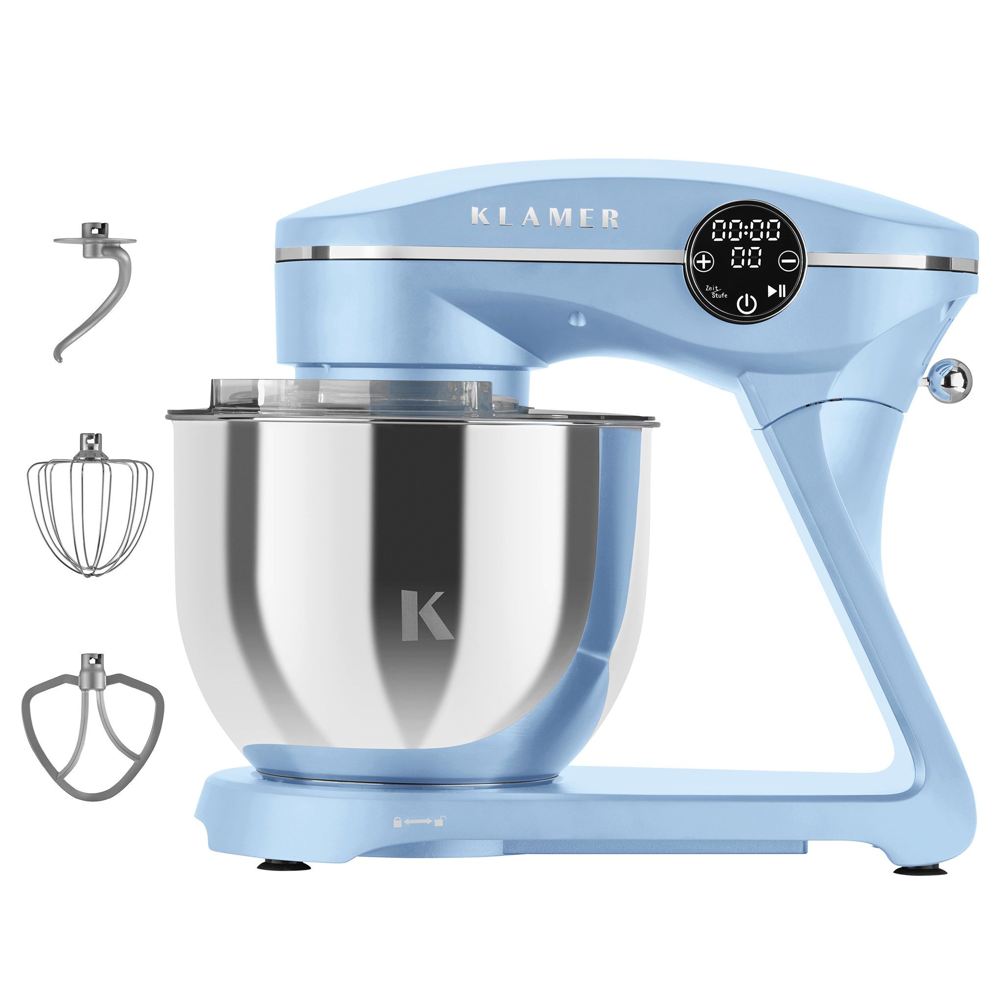 KLAMER Küchenmaschine, 1800 W, 6 l Schüssel, Spritzschutz, 3 Werkzeuge, Saugfüße, digitales Display, Timer