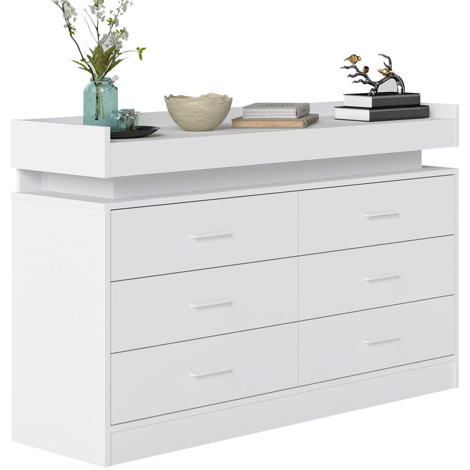 oyajia Kommode Sideboard mit 6 Schubladen und LED-Beleuchtung, Schrank für Wohnzimmer und Schlafzimmer Weiß