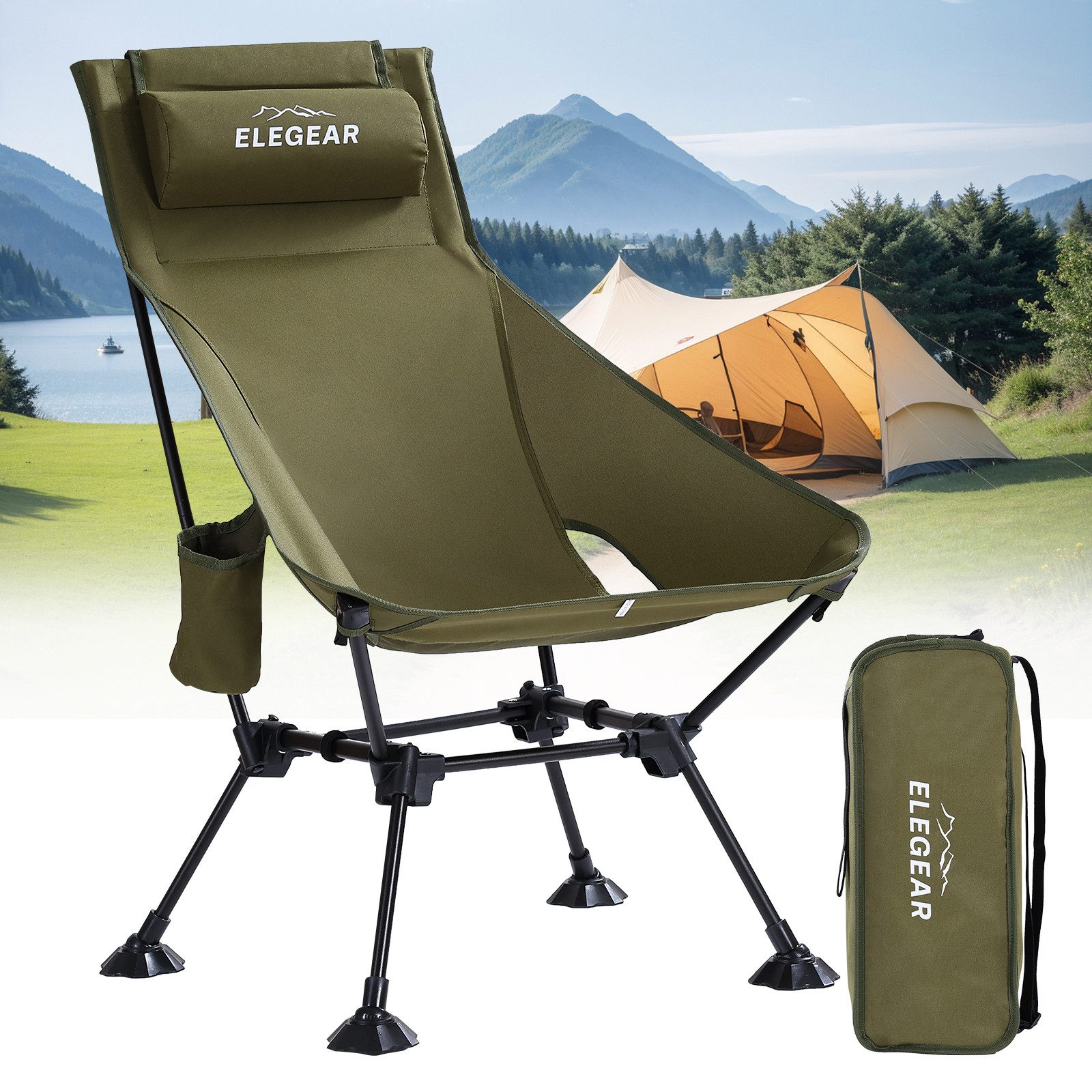 Elegear Campingstuhl faltbar Klappstuhl Anglersessel mit Getränkehalter & Tasche, bis 150kg (1 St), praktisch & ideal für unterwegs, Festival, Open-Air, Angelntuhl