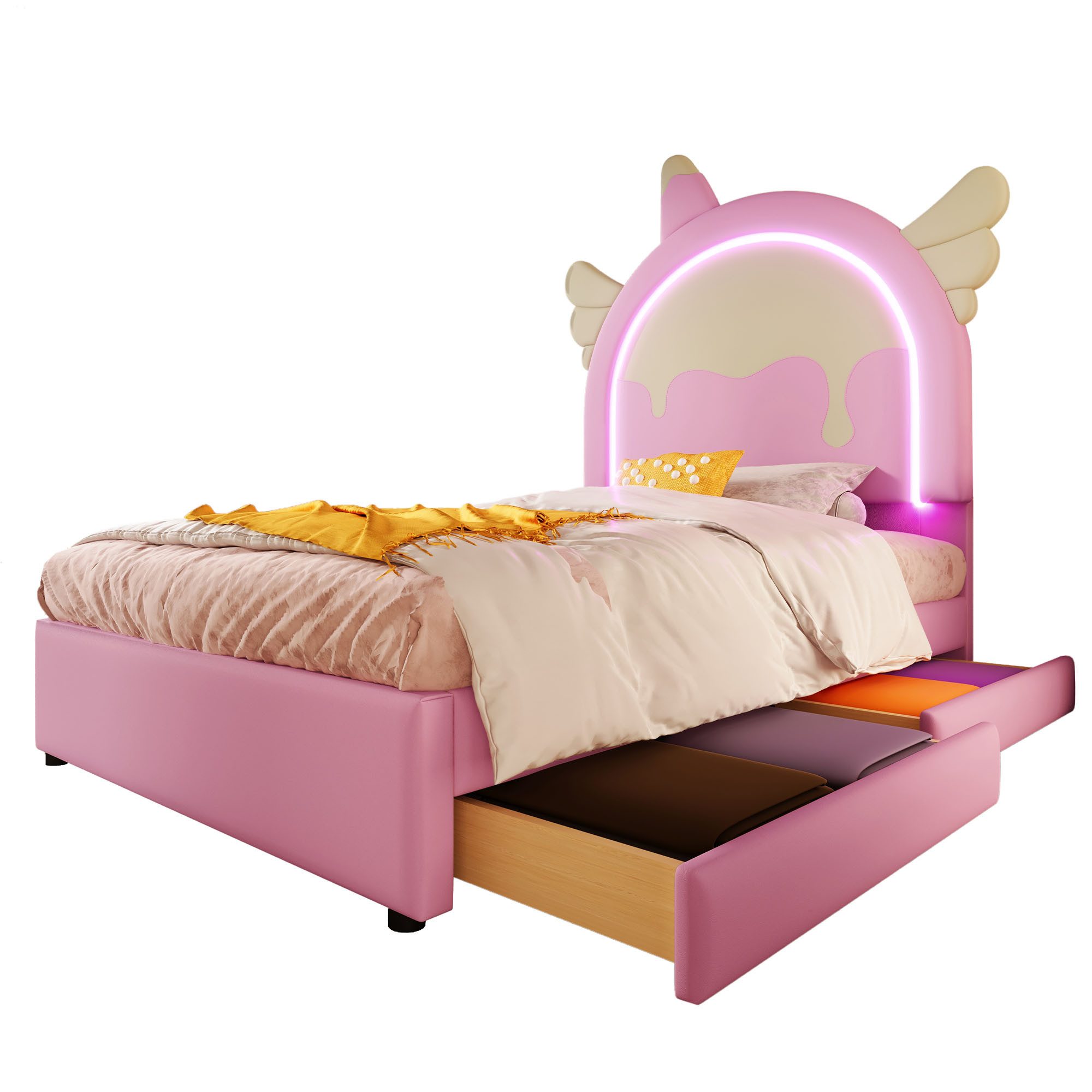 SOFTWEARY Prinzessinbett mit LED-Beleuchtung und Schubladen (90x200 cm), Mädchenbett, Polsterbett für Mädchen, Einzelbett, Kunstleder