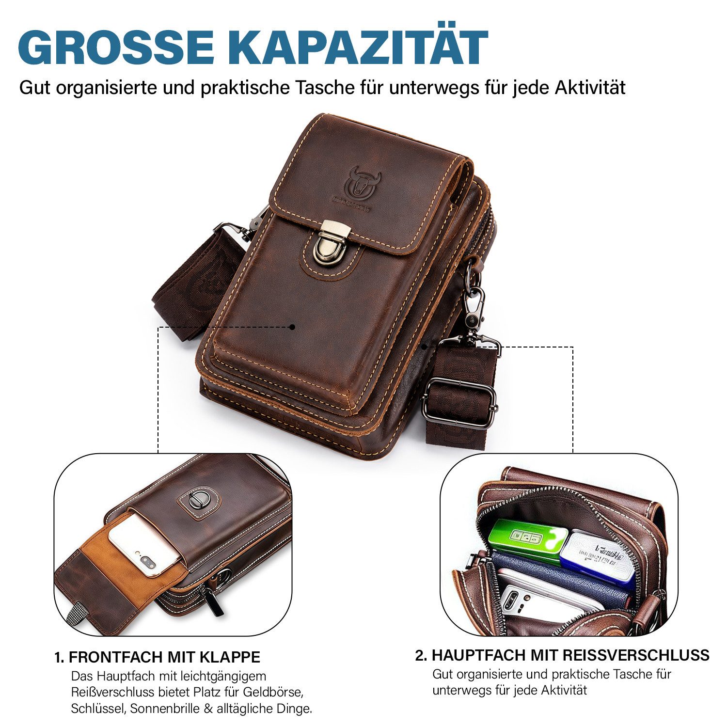MOPUEA Bauchtasche Leder Schultertasche Vintage Crossbody Bag Messenger Herrentasche (Taillentasche für Sportcamping Wanderreisen, 1-tlg., Bag Modische Bauchtasche für Herren & Damen, Retro-Stil), Wasserfeste Crossbody Umhängetasche