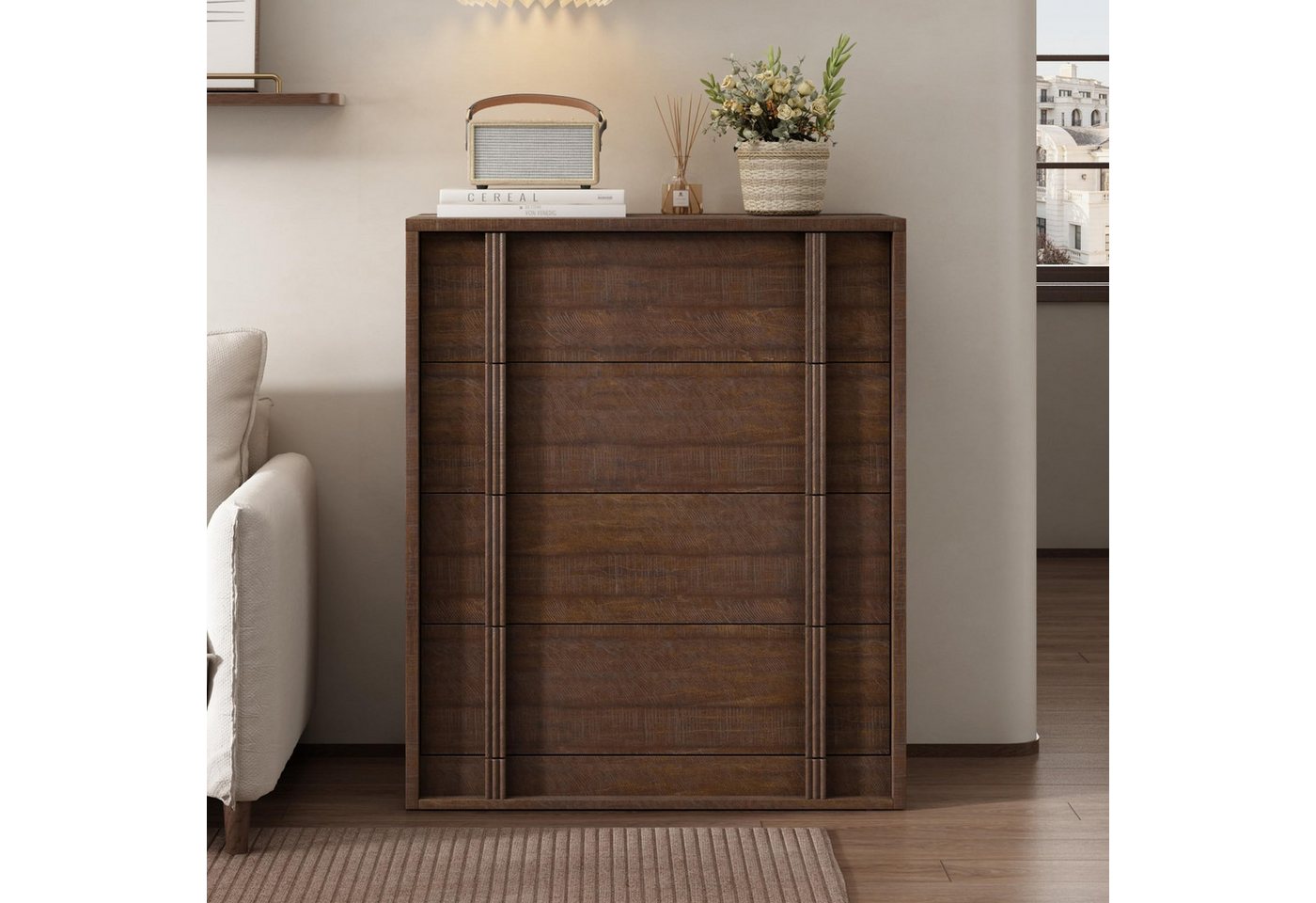 GarveeMore Kommode Moderner Nachtkommode Schubkastenkommode mit 3/4/5 Schubladen, Nachttisch aus Holz Nachtkonsole Hochkommode Lowboard Anrichte