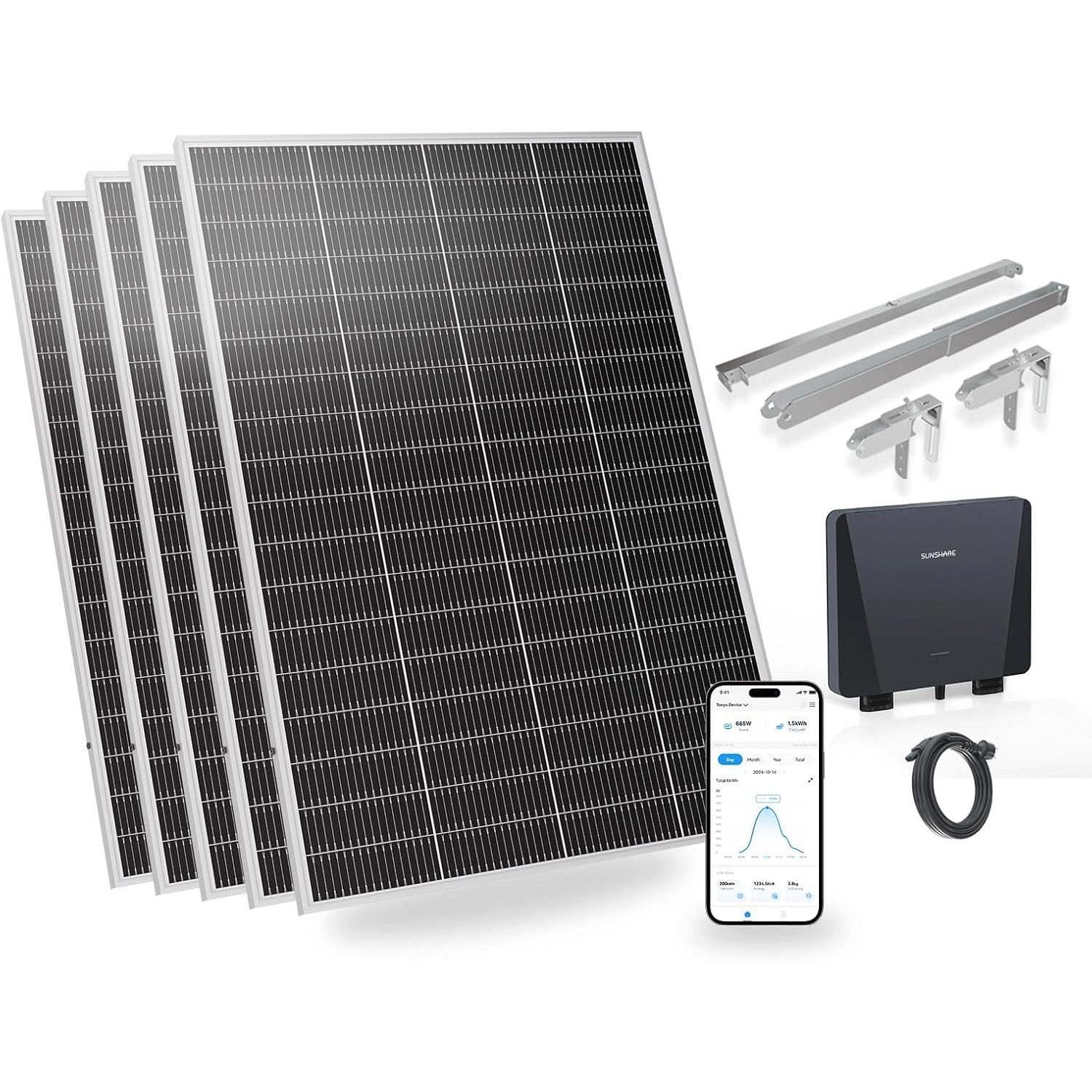 Sunshare Balkonkraftwerk Ray Lite 1000 W Mini-Balkonkraftwerk mit Halterung - 5×200 W Module, 200 W, Monokristallin N‑TOPCon, (Balkonkraftwerk, 5-St., 1000 W Balkonkraftwerk mit Mikro‑WR, WLAN und 5×200 W Modulen), Effizient, schwachlichtstark, kompakt, modular bis 1200 W erweiterbar