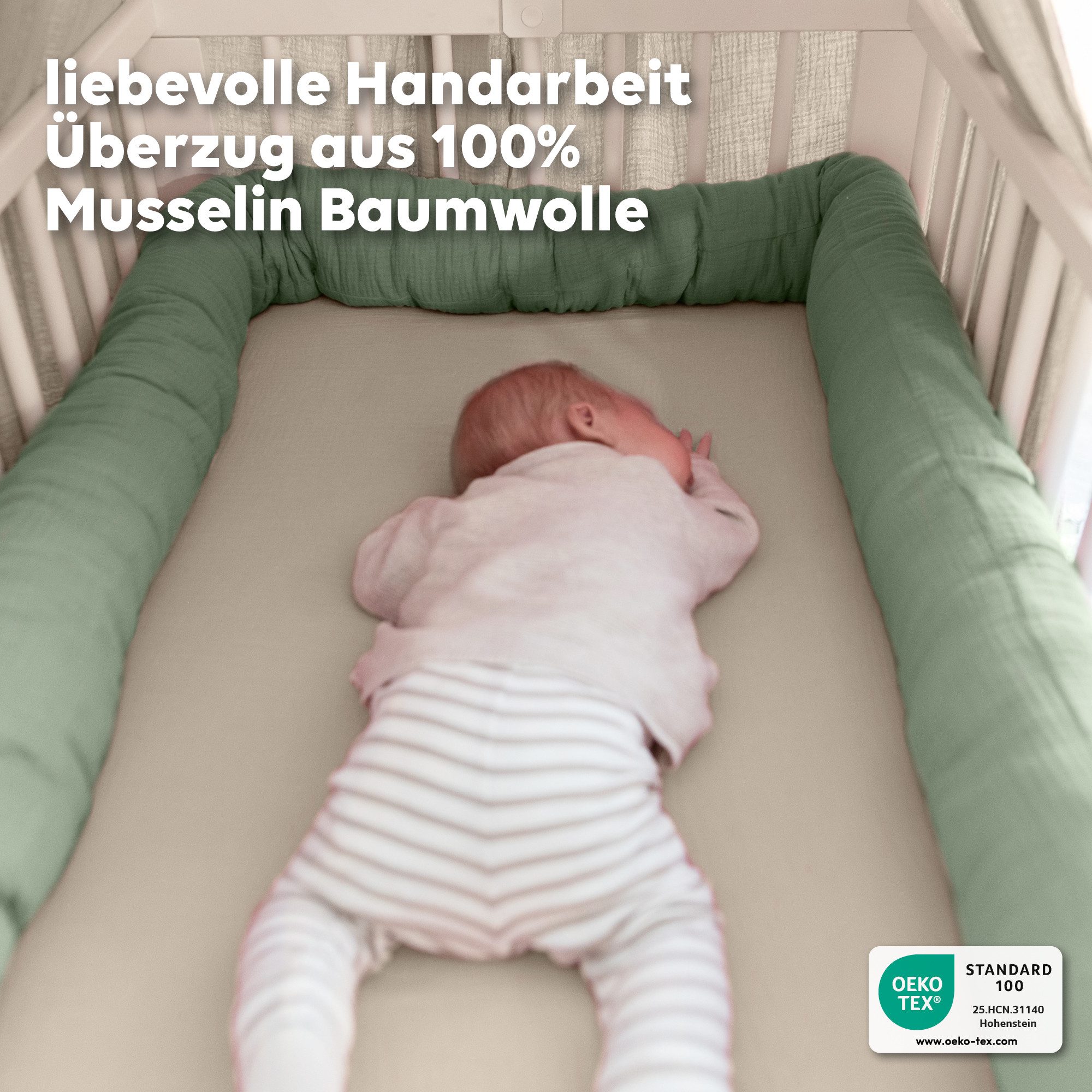 lilimaus Nestchenschlange Bettschlange für Babybett aus Musselin - 200, 300 & 400 cm, (1-tlg), Randschutz & Kuschelrolle mit Befestigungs-Schlaufen - Ø ca. 10-12 cm