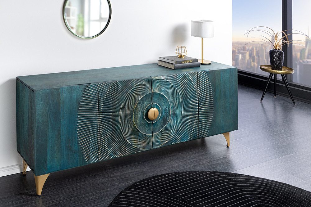 riess-ambiente Sideboard GOLDEN SUNSET 180cm türkis/gold - Mango-Massivholz, Metall, handmade (Einzelartikel, 1 St), Extravagante Kommode m. 3D-Schnitzereien - ideal f. Wohnzimmer & Flur