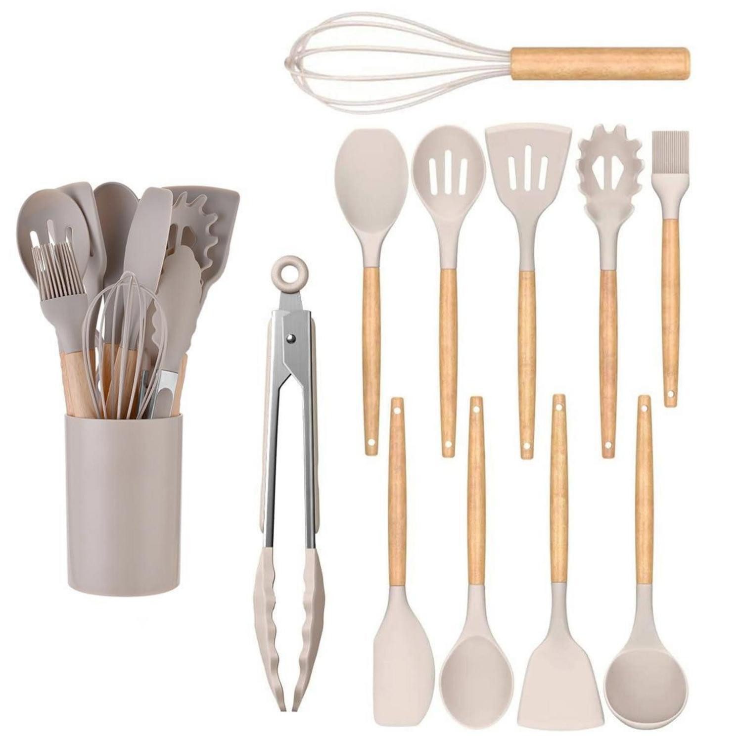 LuxusKollektion Kochbesteck-Set Küchen Utensilien Set 12-teilig Khaki Silikon Holz