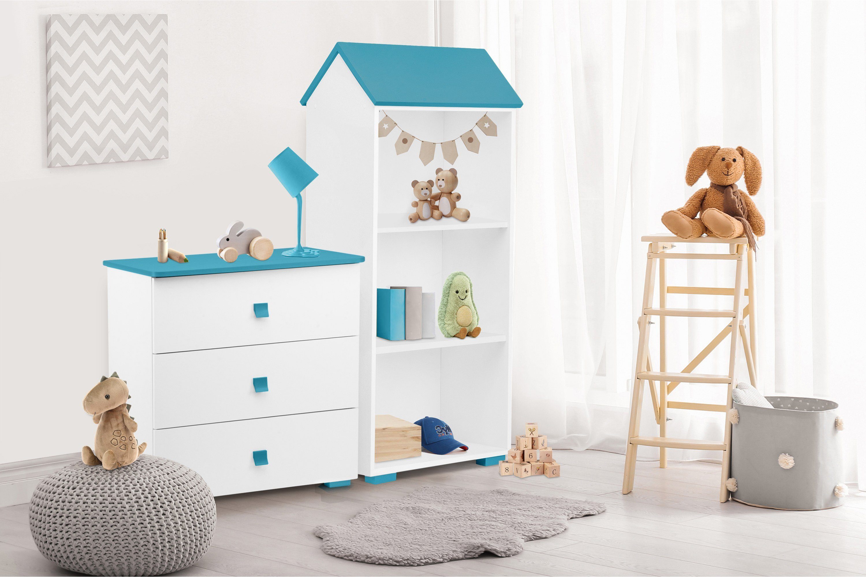 Konsimo Jugendzimmer-Set PABIS, Kinderzimmer, für Möbel (2tlg) Regal-Set Hausform weiß/blau