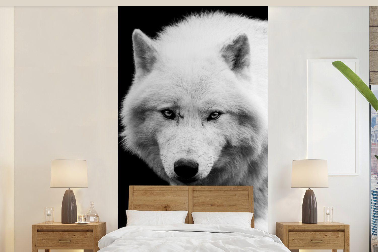 MuchoWow Fototapete Wolf - Tier - Schwarz - Weiß, Matt, bedruckt, (2 St), Vliestapete für Wohnzimmer Schlafzimmer Küche, Fototapete