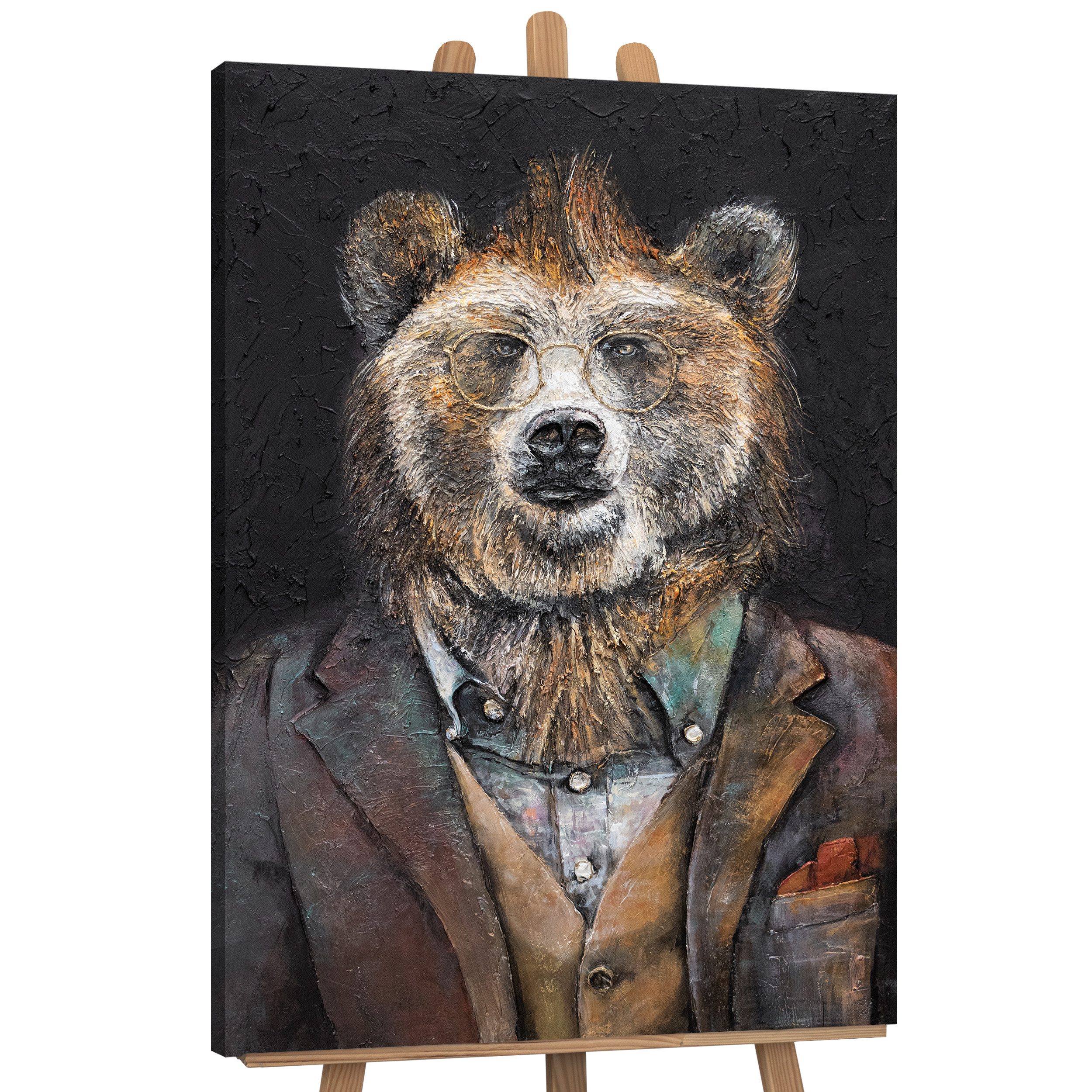 YS-Art Gemälde Stärke, Tiere, Bär Leinwand Bild Handgemalt Tier mit Anzug