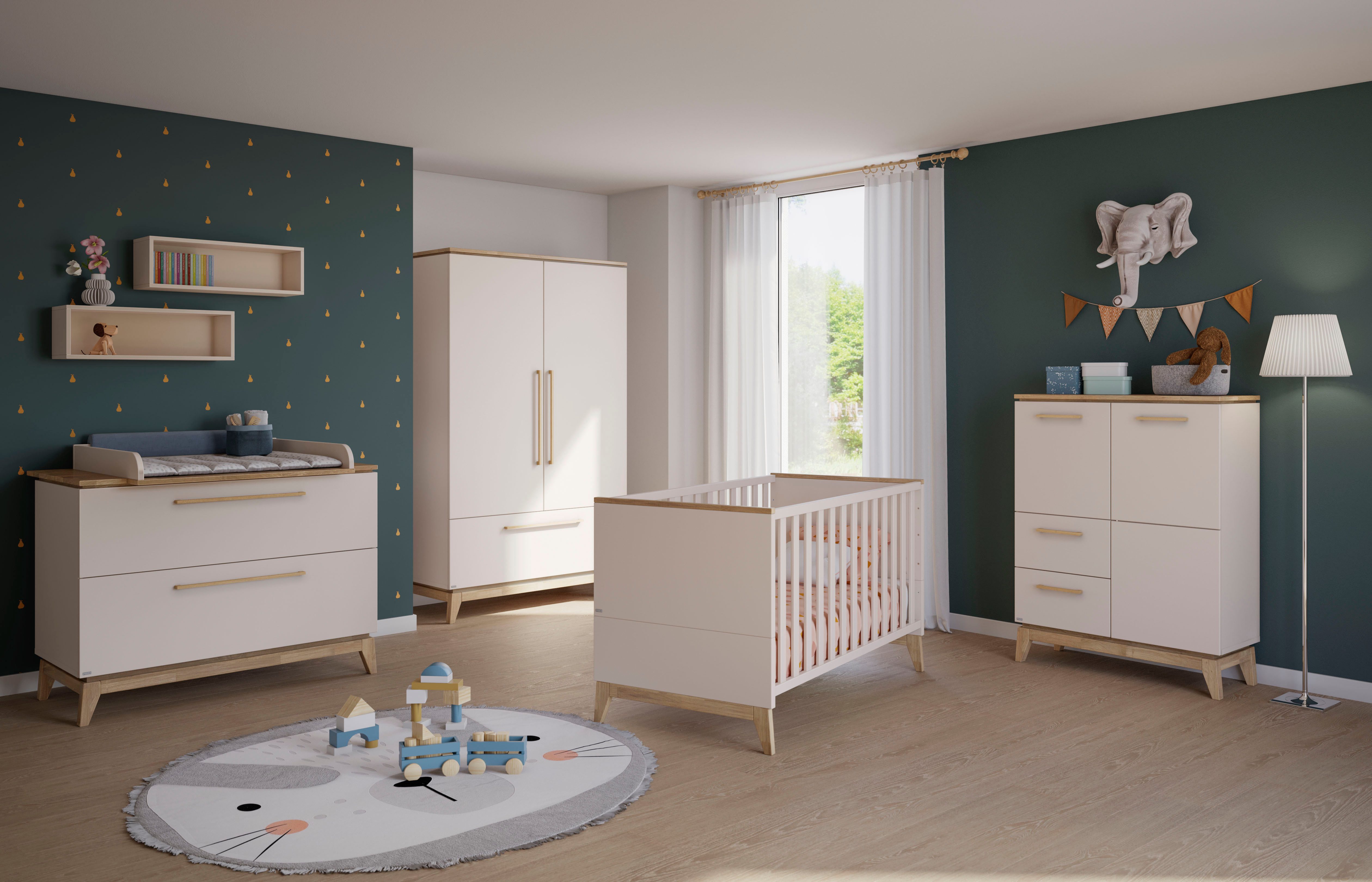 PAIDI Kleiderschrank STIENE in Beige oder Grau, 2 Türen und 1 Schublade mit Soft-Close (B/H/T ca. 123/200/57cm) inkl Kleiderstange + Einlegeböden, Kleiderschrank mit Eiche Massivholz