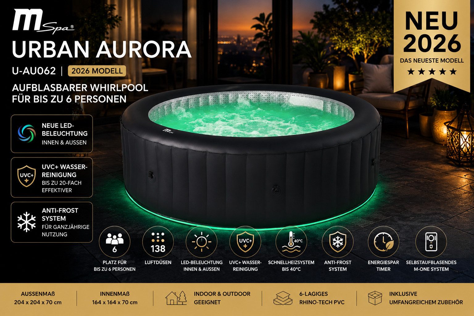 mSpa Whirlpool Whirlpool AURORA U-AU062 NEU 2026- Ø 204 cm - ganzjährig Outdoor Pool, selbstaufblasend, (inklusive LED Beleuchtung), Selbstaufblasend, UVC+,204 cm, 138 Luftdüsen, Schnellheizsystem