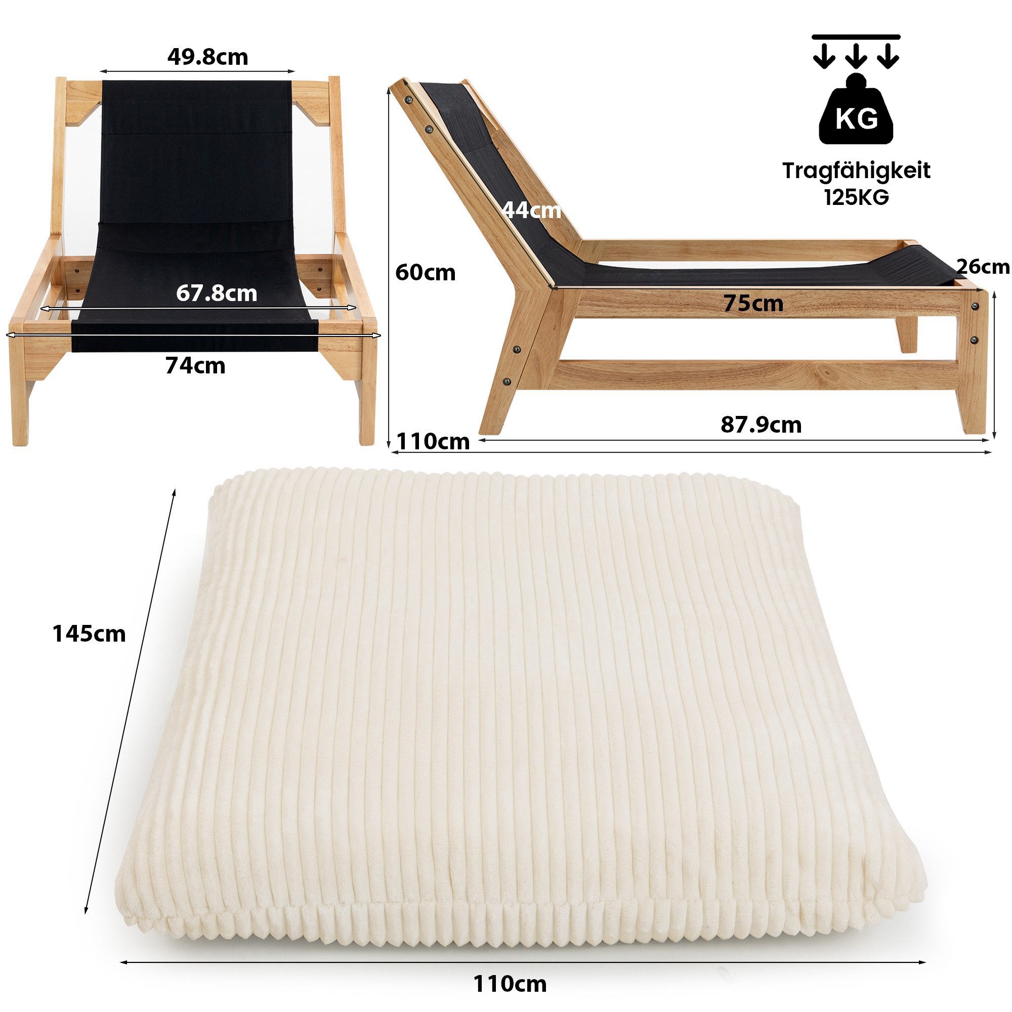 KLAM HOME Relaxsessel Loungesessel Sessel für Erwachsene Weißer Kordelstoff (Akzent-Sessel ohne Arme mit Rückenlehne Ergonomisch), Einzelsessel für Wohnzimmer Schlafzimmer Einrichtung Akzentmöbel
