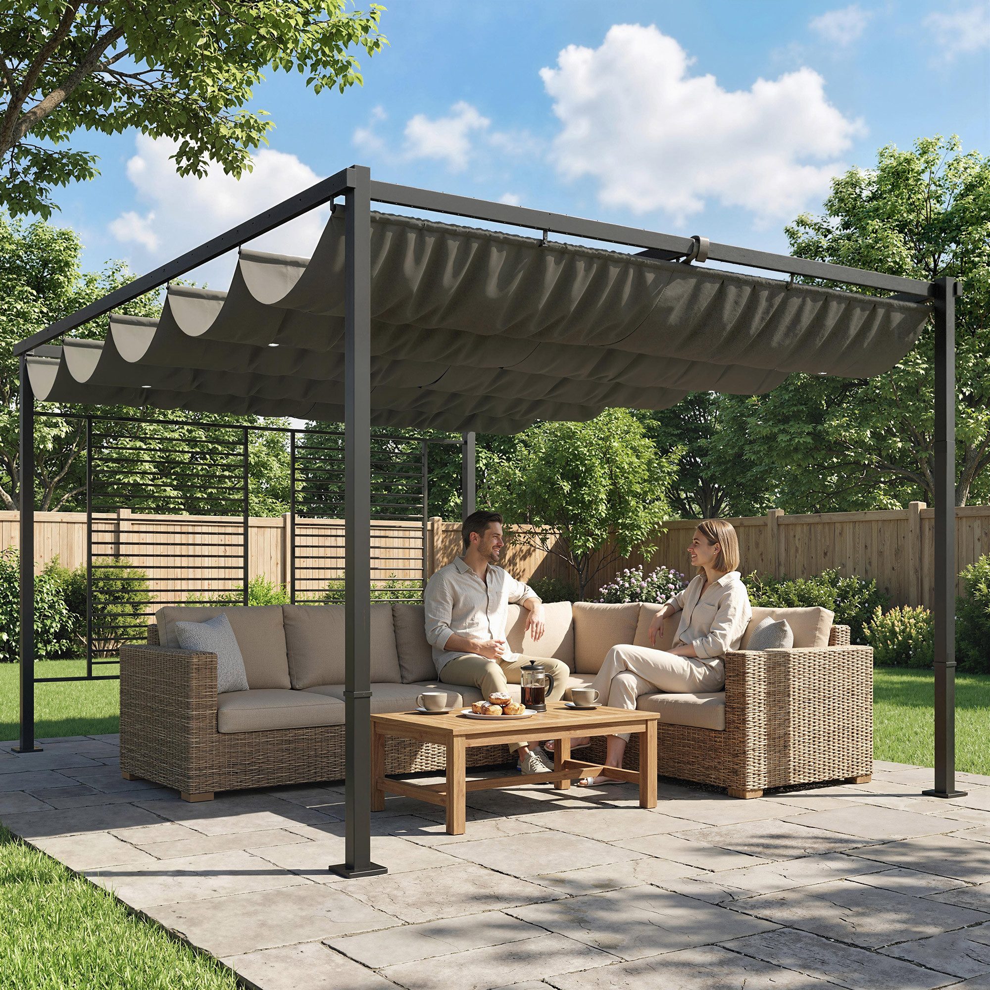 Outsunny Pergola mit Schiebedach, 2 Sichtschutz, BxTxH: 297x297x220 cm, (Überdachung, 1-tlg., Terrassenüberdachung), für Terrasse Garten Dunkelgrau