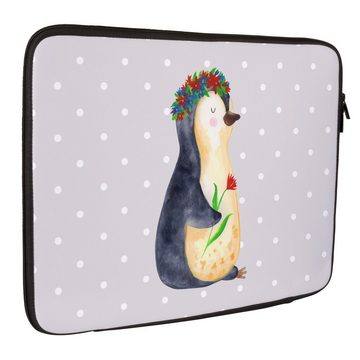 Mr. & Mrs. Panda Laptop-Hülle Pinguin Blumenkranz - Grau Pastell - Geschenk, Notebook Tasche, Tasch