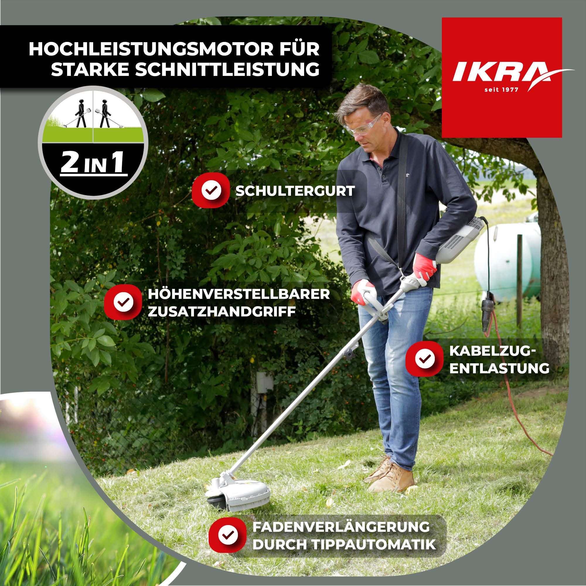 ikra GmbH Elektro-Motorsense IES 1000 C, 23 cm cm Arbeitsbreite Messer, 37 cm cm Arbeitsbreite Faden, mit Fadenspule, 3-Zahn-Messer & Schultergurt