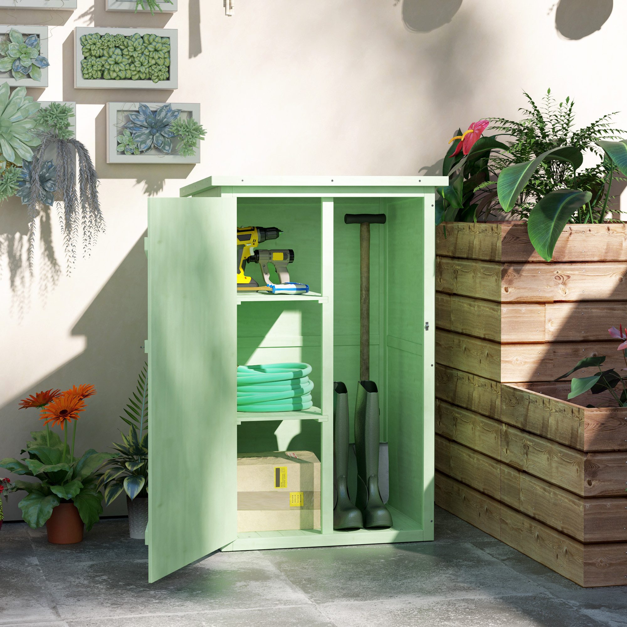 Outsunny Gerätehaus Gartenschrank Holz, Geräteschuppen wetterfest, BxT: 75x56 cm, (Gartenschrank, 1 St., Geräteschuppen), für Garten Terrasse Grün
