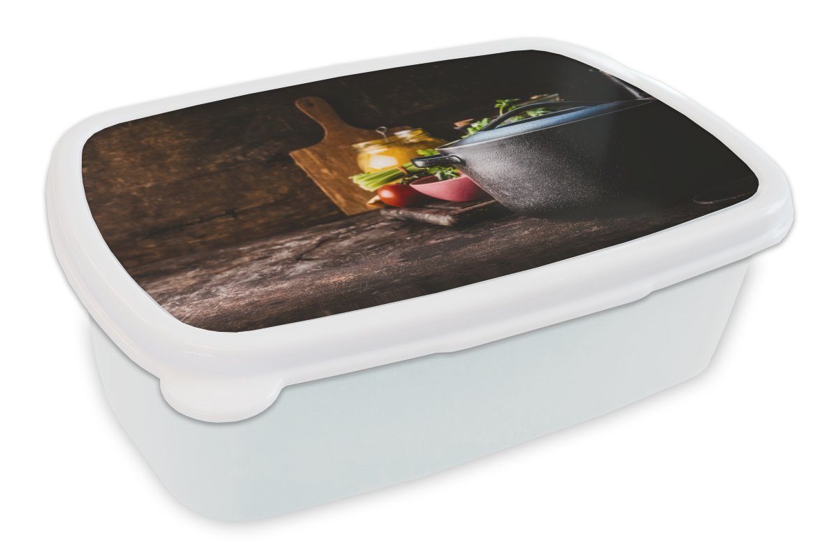 MuchoWow Lunchbox Rustikal - Stilleben - Pfanne - Gemüse, Kunststoff, (2-tlg), Brotbox für Kinder und Erwachsene, Brotdose, für Jungs und Mädchen weiß