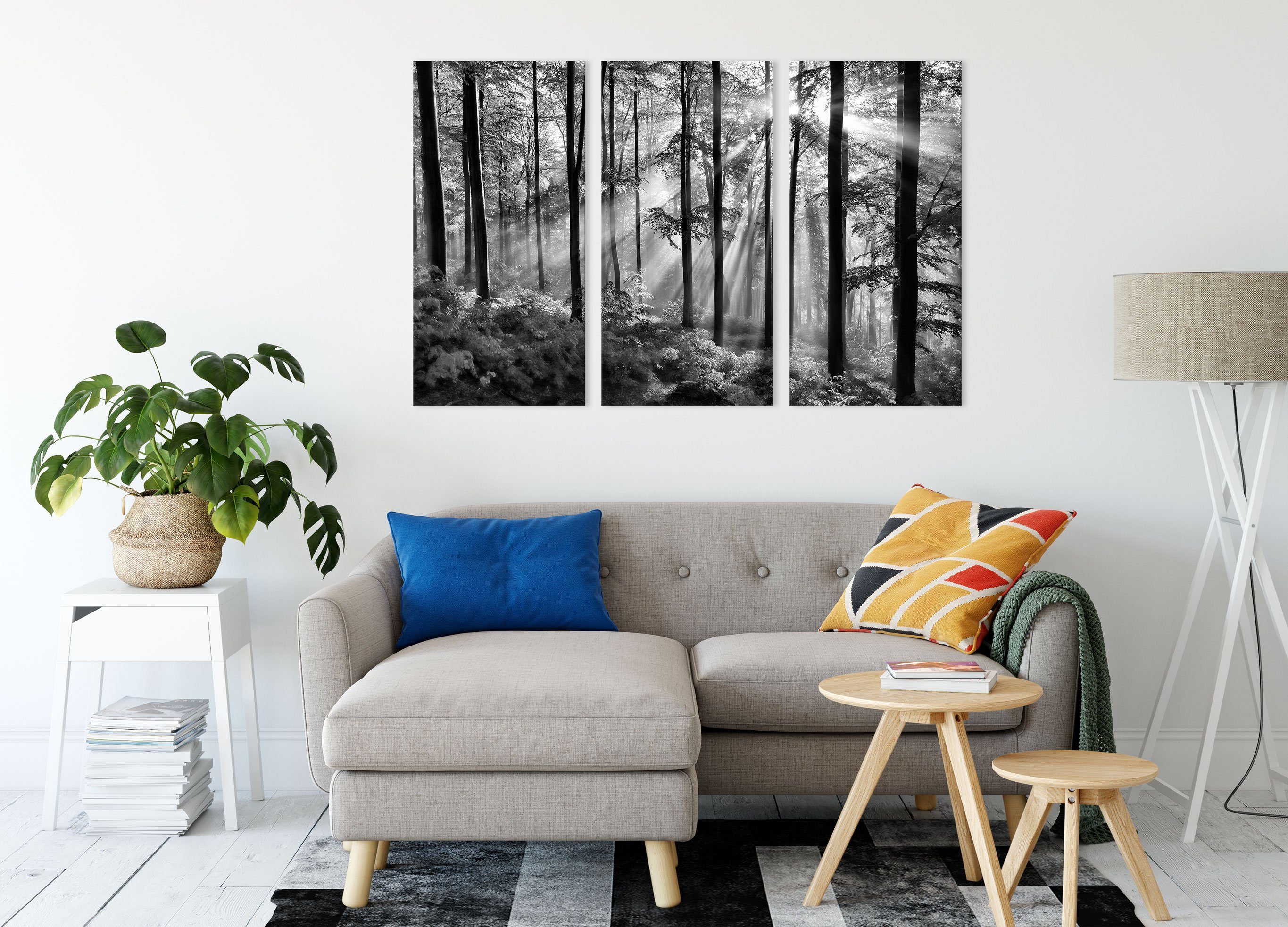 Pixxprint Leinwandbild Zackenaufhänger (1 Wald bespannt, im 3Teiler inkl. St), Sonnenstrahlen fertig Leinwandbild Wald, im (120x80cm) Sonnenstrahlen