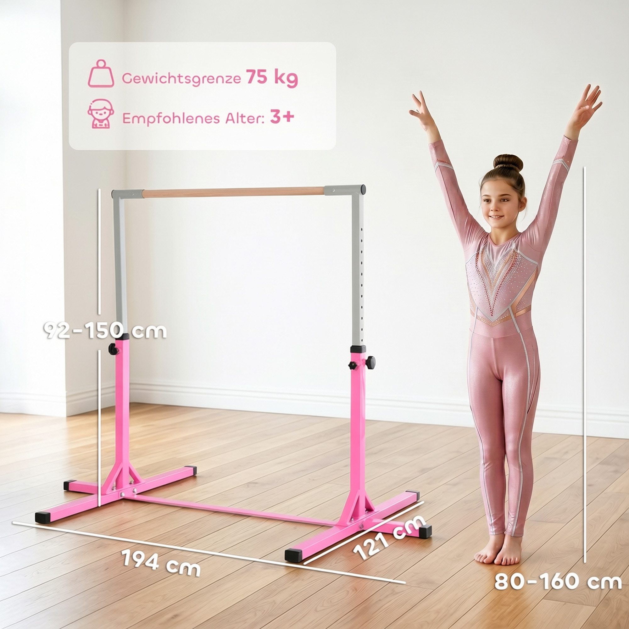 HOMCOM Turnreck Gymnastikstange höhenverstellbar Stahlkonstruktion bis 75 kg, (höhenverstellbar Turnstangen, 1-St., Trainingsgeräte Stahl), Buchenholz Rosa