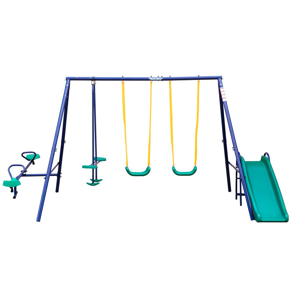 MUWO Schaukelkombination Schaukeln mit Schaukelwippe, Wippe, Rutsche, Großes Spielgerüst mit Schaukeln, Wippen und Rutsche