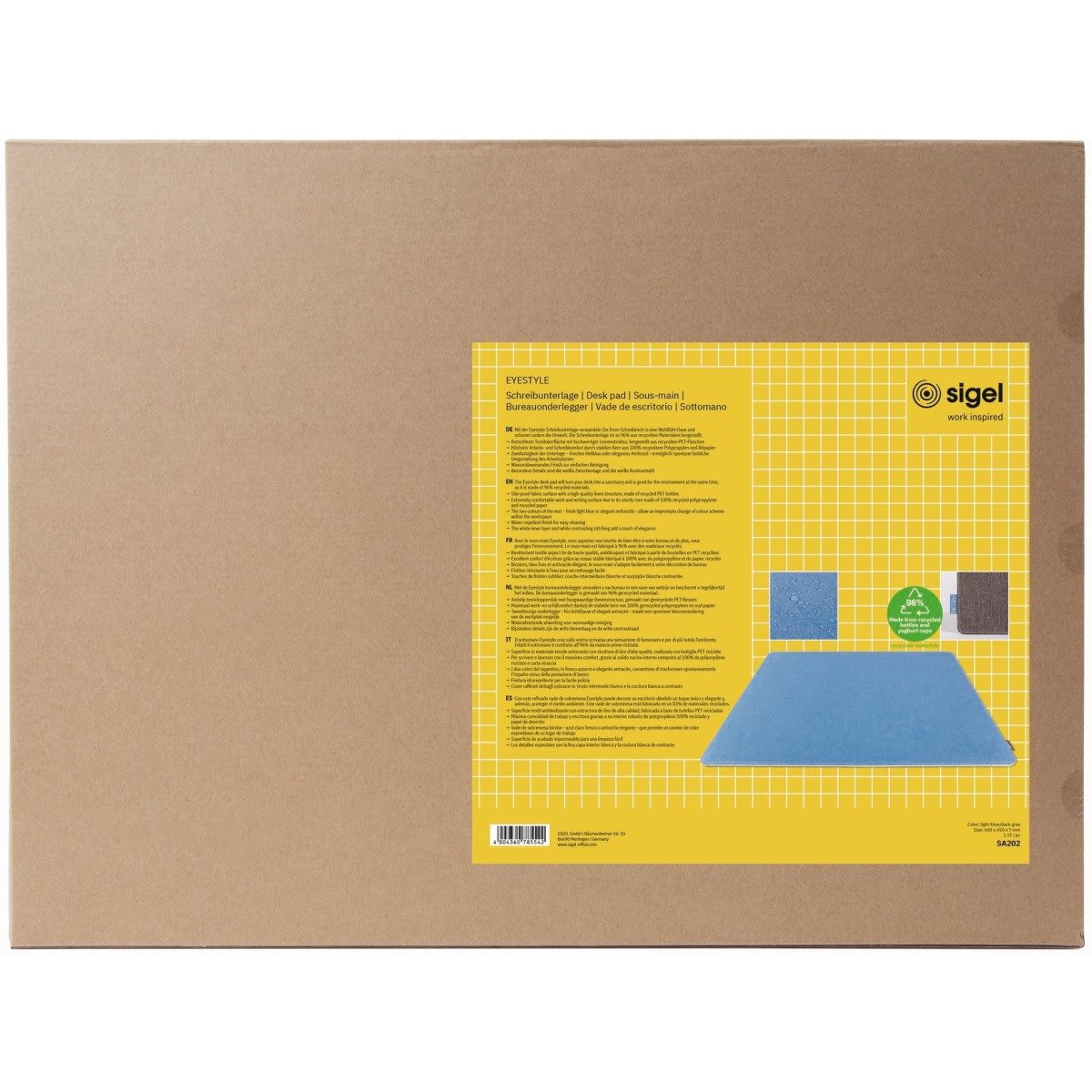 Sigel Schreibtischunterlage Schreibunterlage hellblau-dunkelgrau RPET RPP 600x7x450mm