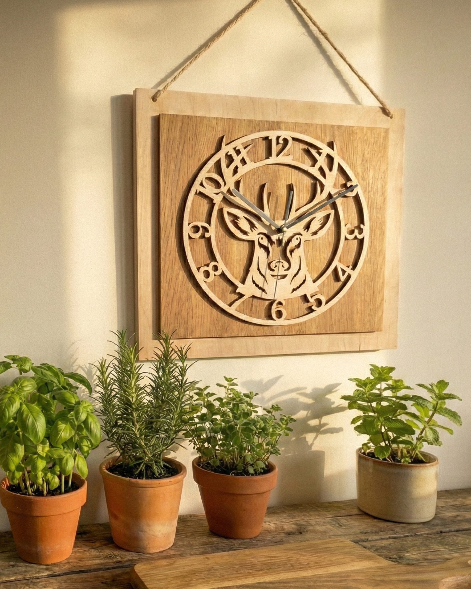ORNAMENTI Wanduhr Große handgefertigte rustikale aus Holz, Hingucker Wanddeko (quadratisch, ohne Tickgeräusche für Wohnzimmer Küche)