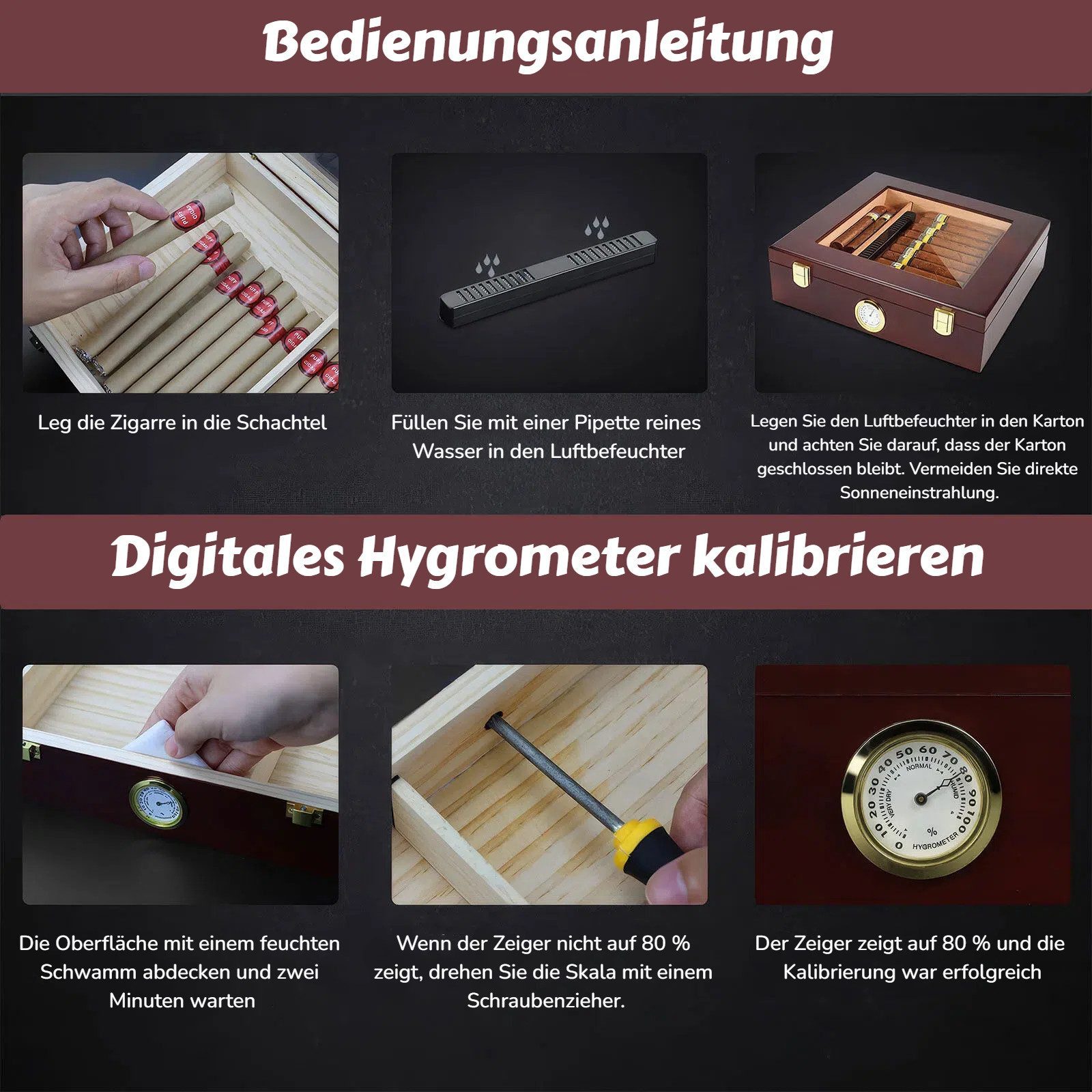 LEMLIT Humidor Zigarren Humidor Zedernholz Mit Hygrometer, Glasdeckel, Braun, Mit Trennwand Und Sichtfenster, Geschenk Für Männer – Bild 5 von 5