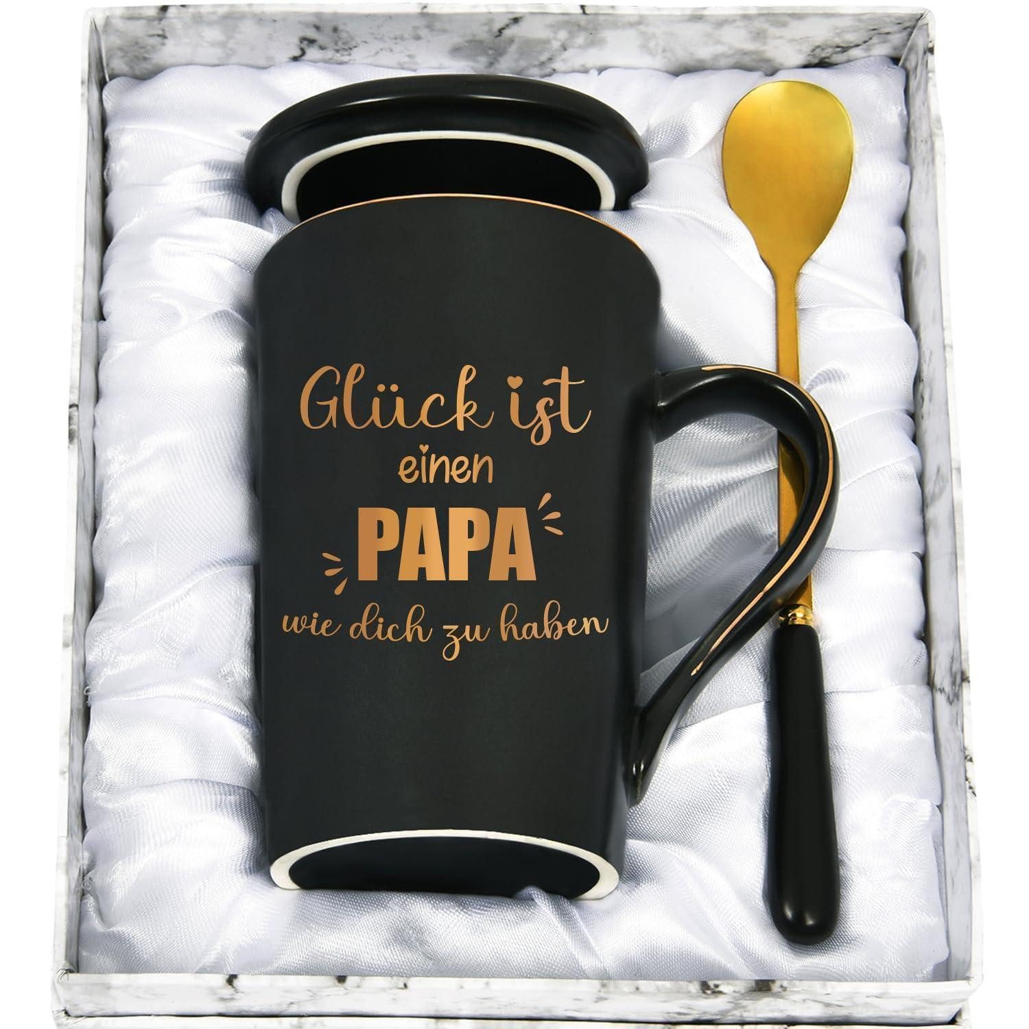 LuxusKollektion Tasse Kaffeetasse Papa Glück 400ml Schwarz Marmorierung, Keramik