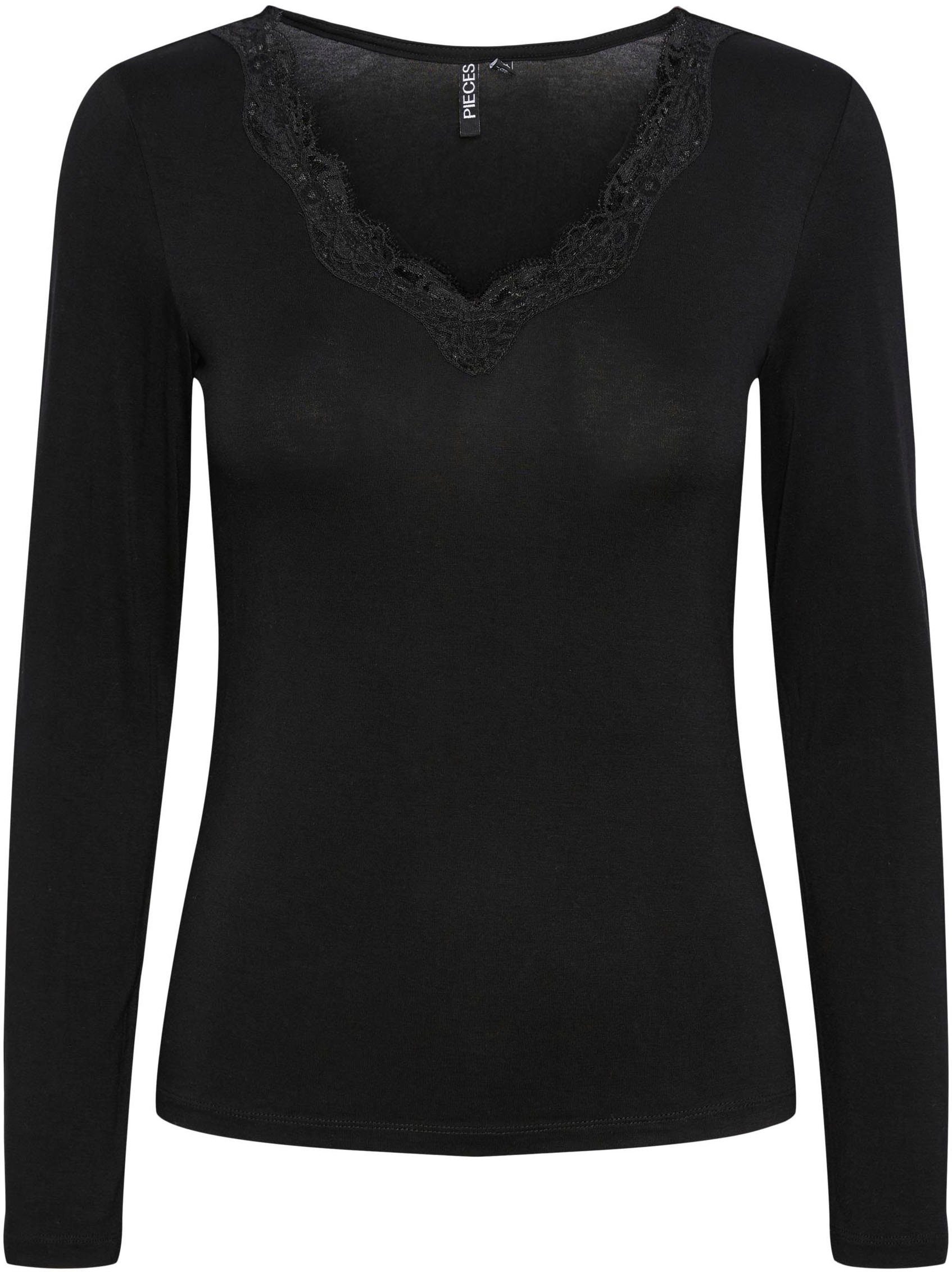 pieces V-Shirt PCBARBERA LS LACE TOP Black BC NOOS