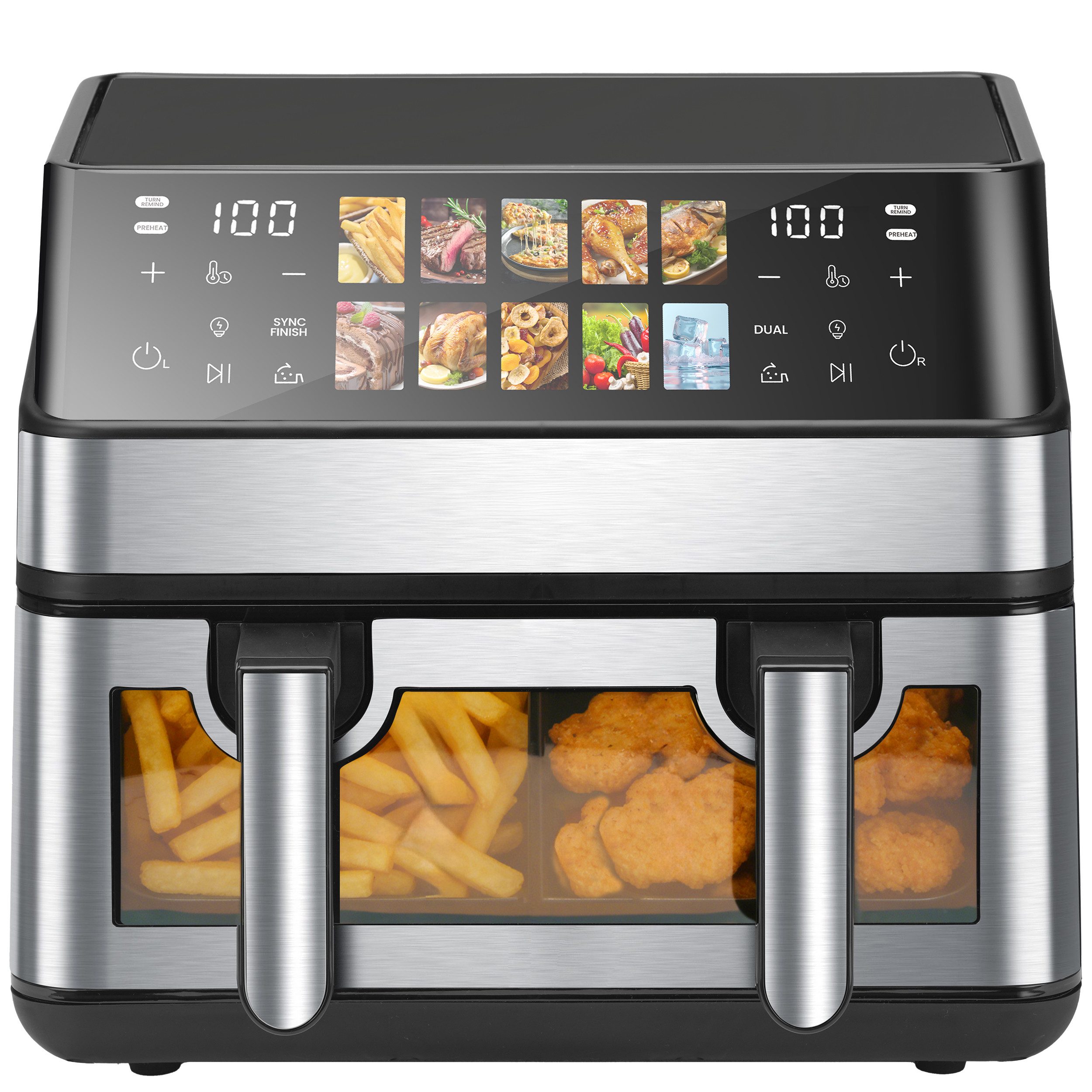 WHEELYOU Heißluftfritteuse 9L, 2000W Airfryer mit Doppel-/Einzelkammer, Sichtfenster & 12 Programmen, 2000 W, 9L Airfryer mit Touchscreen, 360° Heißluft und 12 Programmen